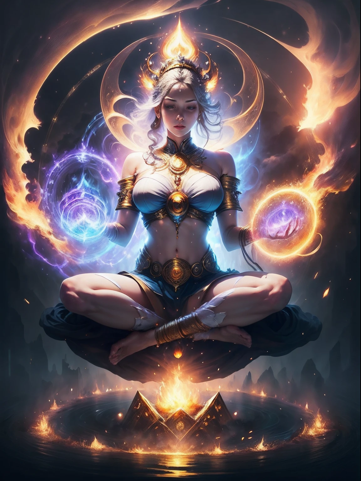 Immortal goddess, super beautiful, 8k, super big breasts, meditating, light white cloth covering part of her body, sitting cross-legged, golden glowing magic circle rotating behind her, magical aura surrounding her parts, magical, fantasy, milky way background, (4  elements, fire, water, wind, earth, surround it),