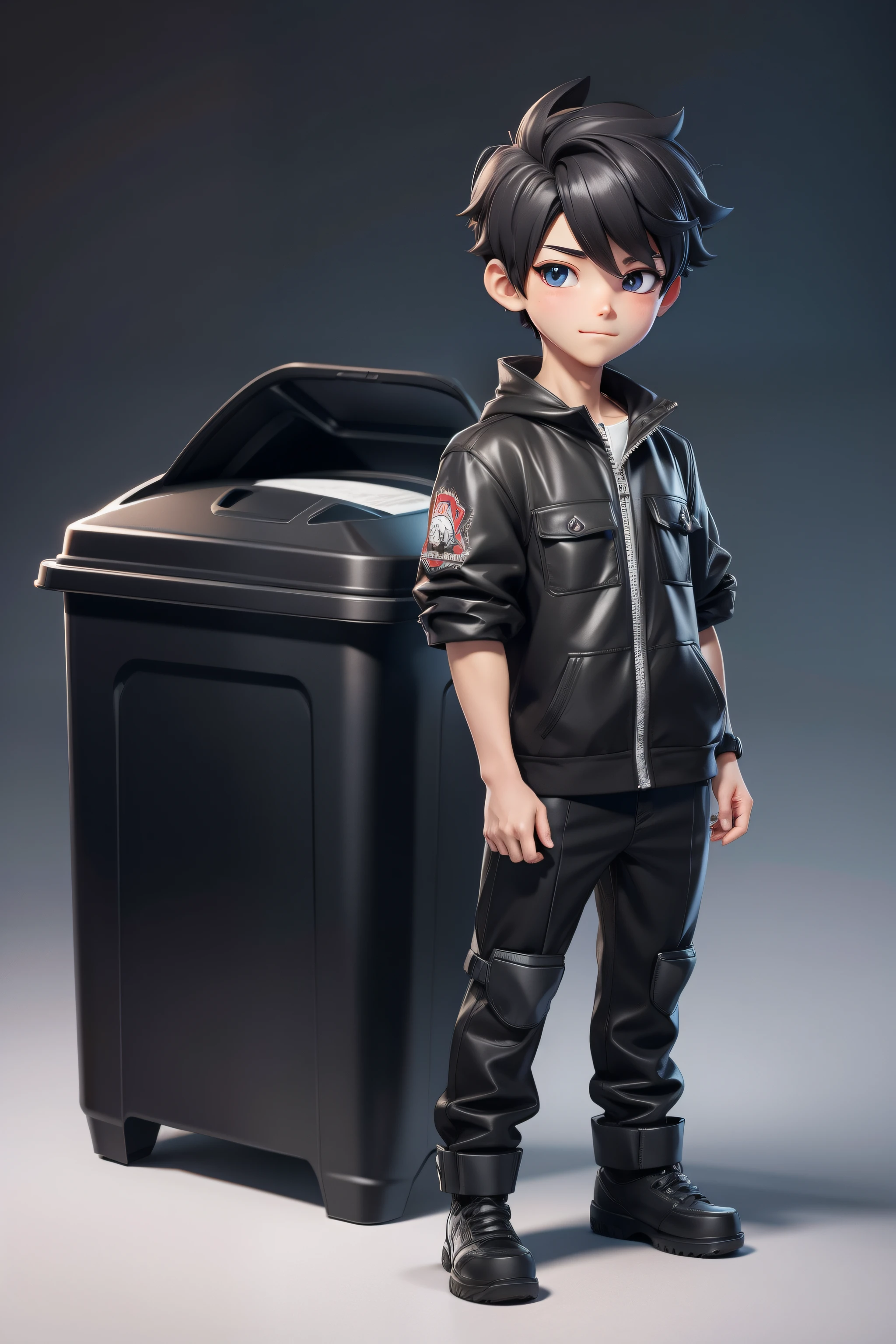 Boy image，adolable，Type - Other garbage，Other trash cans（Personification）（human figures）（boy）cartoony，Anime art concept art, （3D stereoscopic）（The color scheme is mainly black from other trash cans）Illustration style，Manhwa Style，Anime art concept art, Official illustration[Three-dimensional feeling][Lovely wind][Card ventilation][真实感]