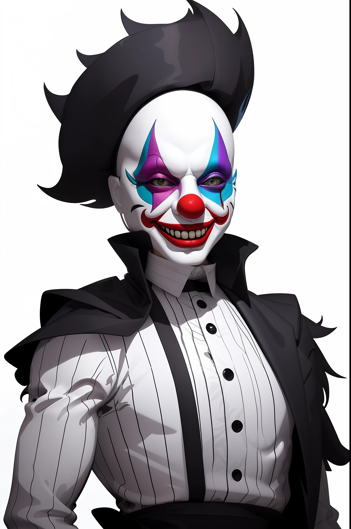 "Create a stunning and vibrant new mask for a clown character with a killer smile. Focus on intricate details and incorporate a variety of colors. Experiment with different color combinations and explore unique patterns for the mask."