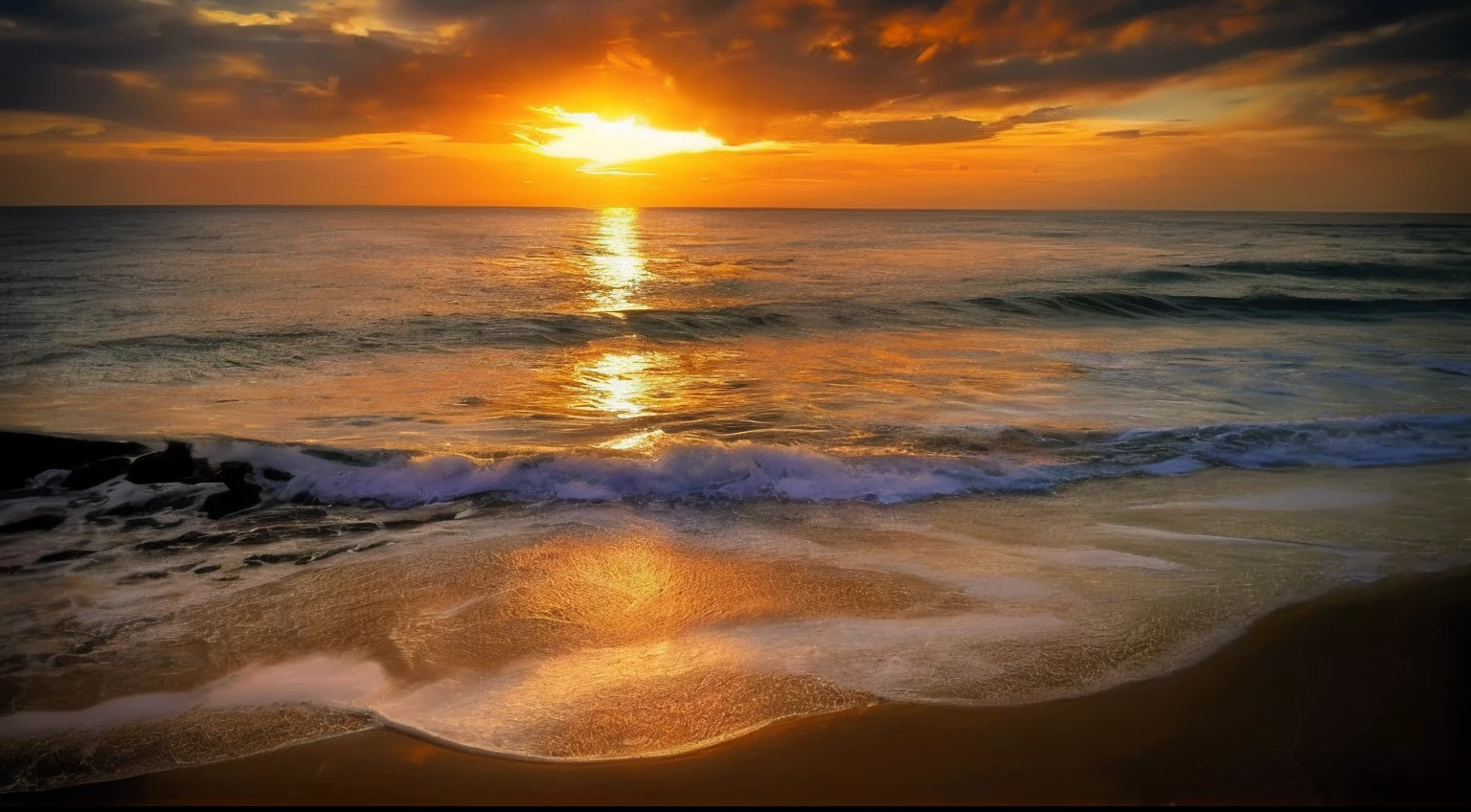 arafed view of a sunset over the ocean with waves, which shows a beach at sunset, sunset at the beach, the most beautiful sunset, beach sunset background, sunset on the beach, golden sunset, on the beach during sunset, at the beach on a sunset, golden hour time, at the golden hour, warm beautiful scene, in a golden sunset sky