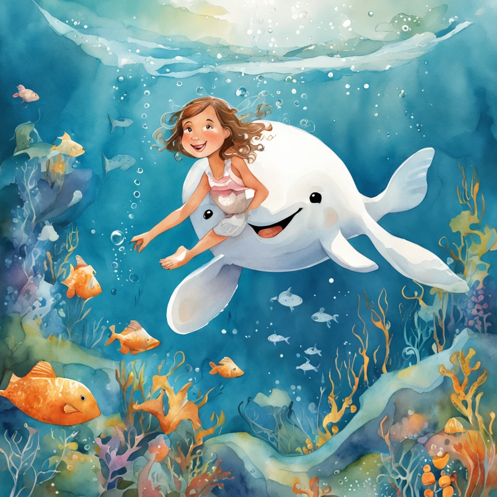 Children's book illustration:Girl in white swimming with whales at the bottom of the sea,The whale jumped out, The bubbles around the surface of the water slowly rise,Sunlight slanting, prime time,