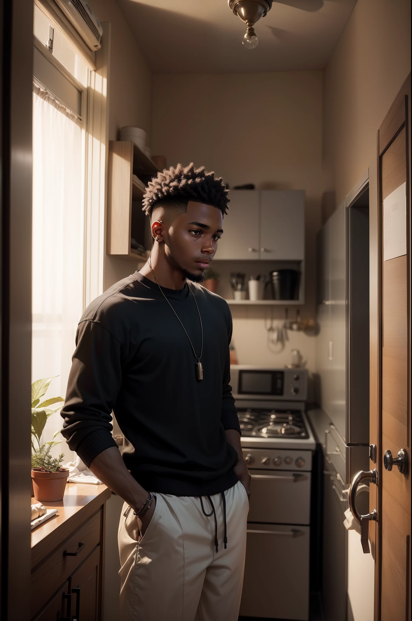 a young black man living in an apartment, highly detailed, high resolution, cinematic