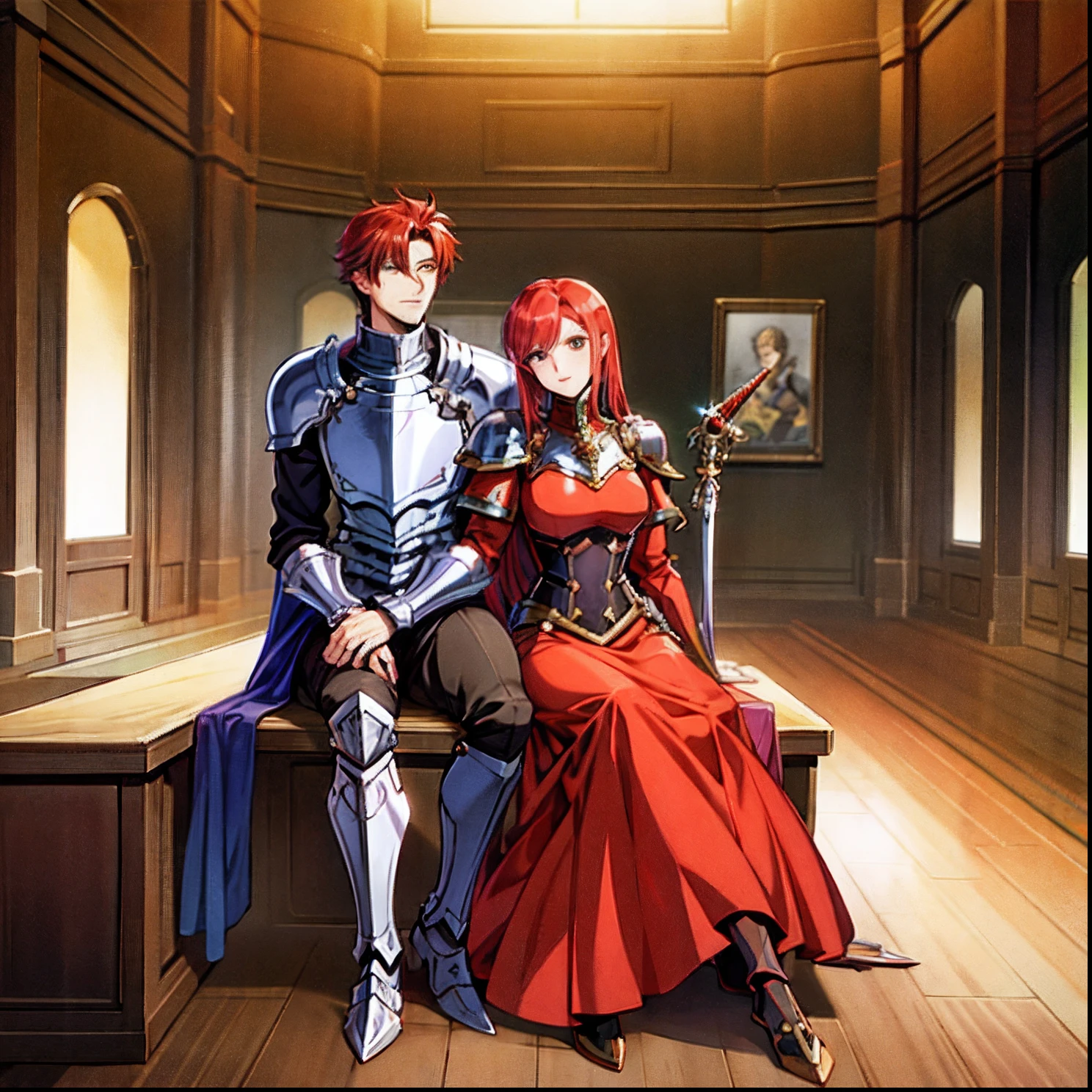 anime character with red hair and armor holding a sword, a human male paladin, final fantasy tactics character, male paladin, official character art, dragon knight, cushart krenz, wearing shining plate armor, lance, fullbody rpg portrait, urushisato