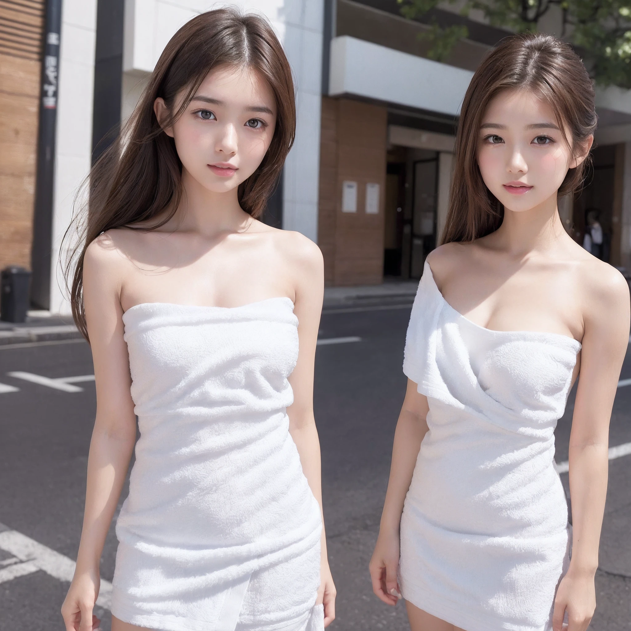 (masterpiece), (top-quality), (white Tube top extremely micro towel fabric dress:1.5), (perfect exposed shoulders:1.5), (perfect exposed nape:1.5), (blushed face:1.3), (barechested:1.3), (realistic:1.5), 1 , precise small hands, Embarrassed look, Smile, extremely cute girl, s, Shining eyes, shoulder is visible, small breast, thigh is visible, No pubic hair, The beautiful skin, ultra-definition, Top resolution, japan high school student, brown hair, on the street