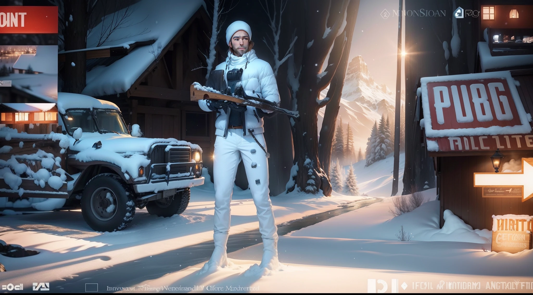 "Winter wonderland, snow-covered landscape, serene and peaceful, snowy mountains, frozen lake, sparkling icicles, cozy cabins, warm fireplace, frosted trees, snowflakes gently falling, ethereal and magical."