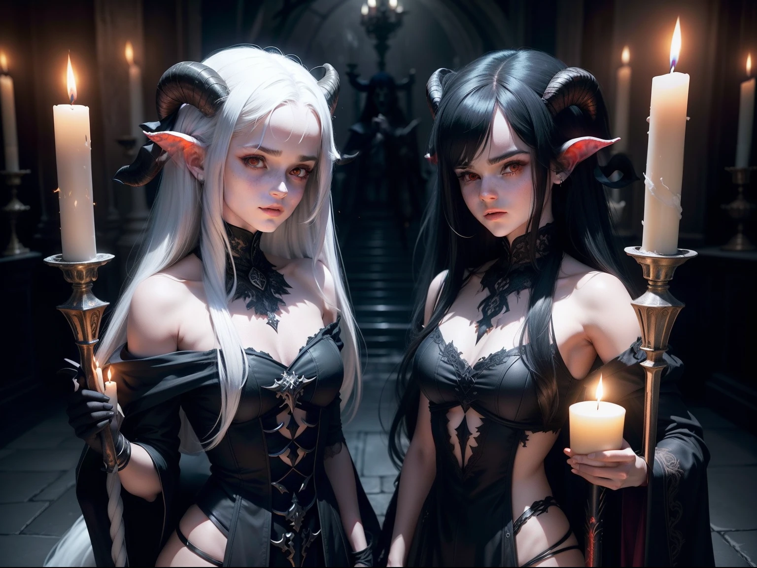twins Emma Watson as 2 sexy demons, 1st with long black hair and the other with white hair, both with dark red glowing eyes, high definition, detailed, intricate, goat horns, holding a sword, standing in front of a dark alter with flames all around. candles everywhere. both have tails