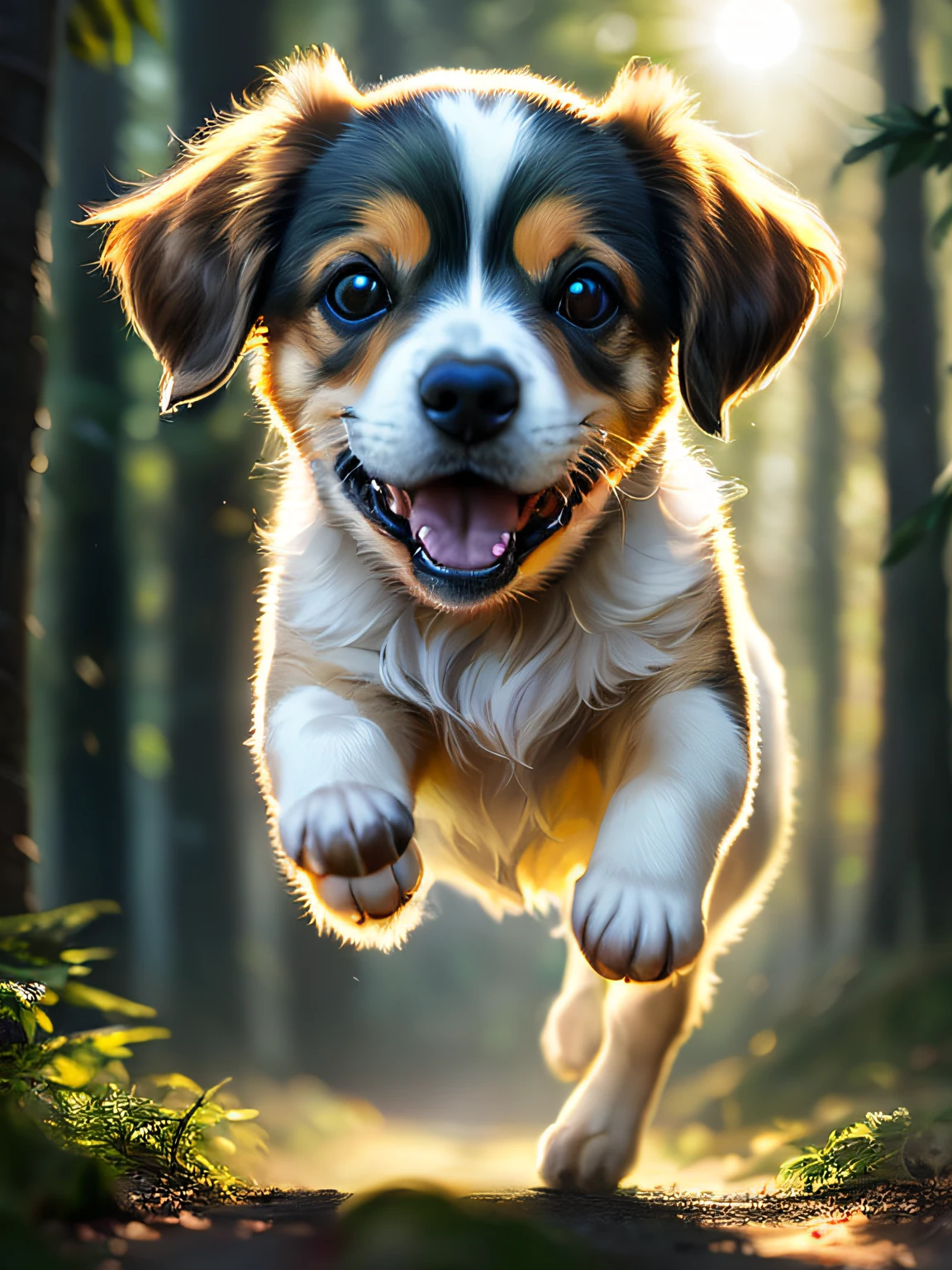 Puppy running in the forest with sun shining among the trees, Dog cute, painting digital adorable, foto de retrato, happy dog, jumping towards viewer, imagem ultra realista, ( cane ) saltos sobre morro, ( cane ) saltos da montanha, Correndo livremente, paper awesome wallpaper, leaping towards viewer, running towards the camera, arte digital animal foto, pulando de alegria, pintado digitalmente