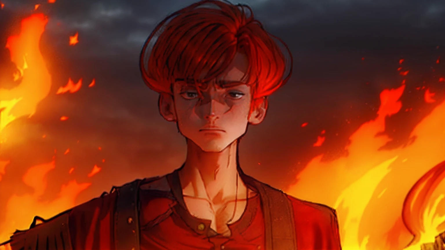 (A frustrated and fiery-haired 21-year-old donning rustic medieval garb, bearing a prominent scar and a fashionable fringe.)