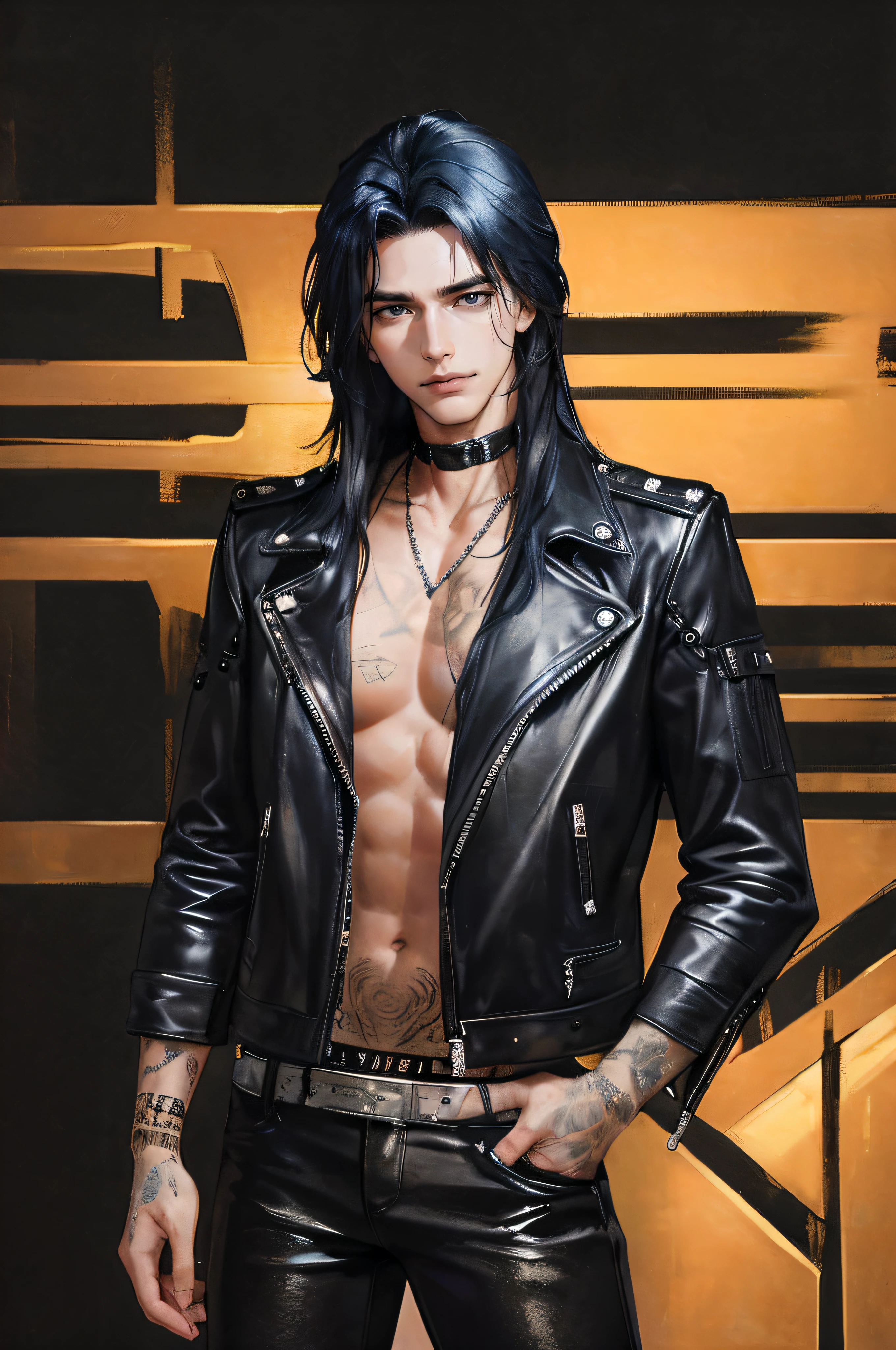 photography of a heavy metal star, a solo man, (((man))), (masculine face), 25 years old, singer, bad boy, (black eyes), expressive look, long dark blue black hair, (((bar background))), straight hair, blueshine hair, unshaven, black leather jacket, long sleve jacket, leather pants, chest tattoo, super detailed face, perfect body, perfect shapes, perfecto hands, realistic image, award winning photography, 8k,