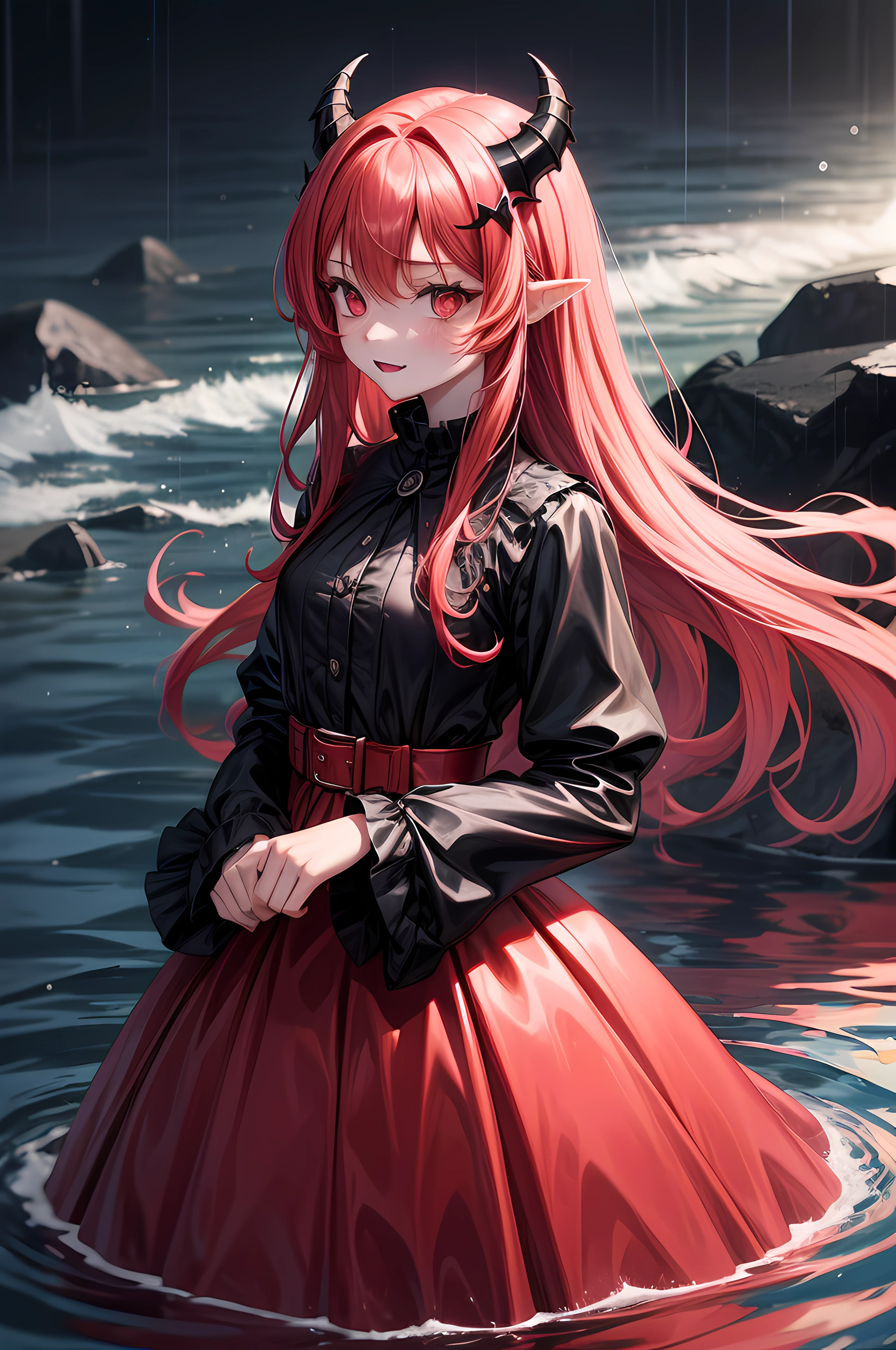 1girl ,alone ,rainy weather ,floating on sea ,long red hair ,red eyes ,with a face that feels nothing ,bored and overwhelmed by everything ,dark weather ,13 years old girl ,dressed elegantly in a full-body black gown ,looks glow ,another 1 girl ,pink long hair, she is 15 years old, she has pink devil horns, 2 of them, an X in her eye, and fangs like a vampire,