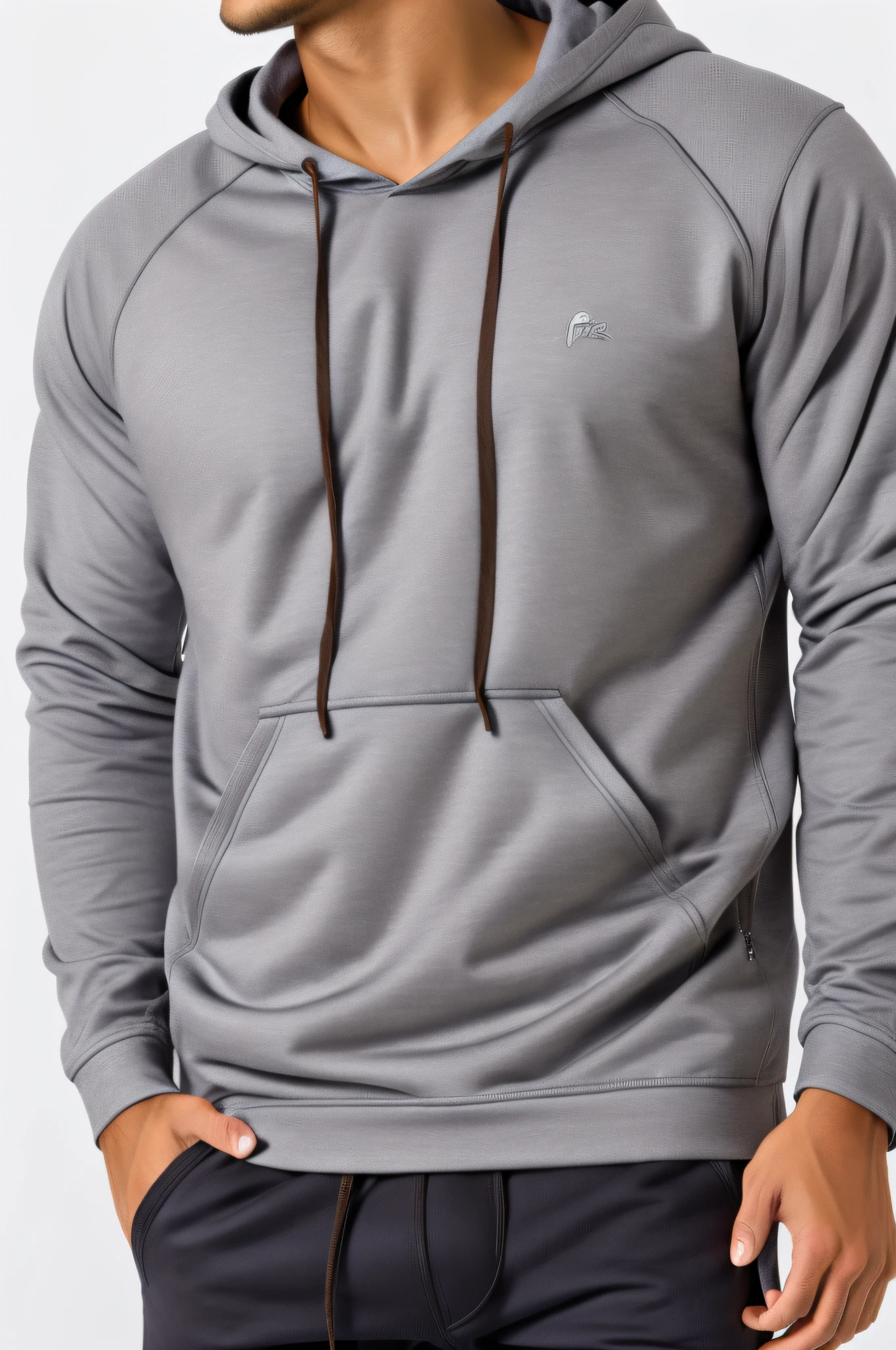 Men's model,Gray hooded sweatshirt,Two drawstrings,frontage