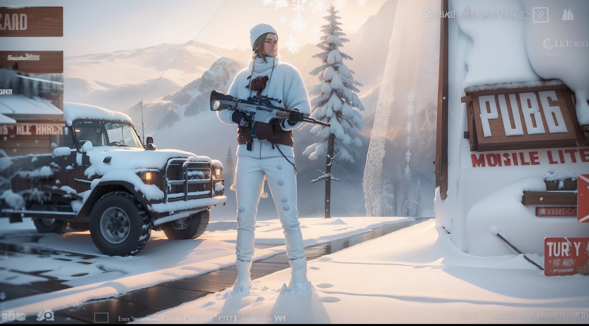 "Winter wonderland, snow-covered landscape, serene and peaceful, snowy mountains, frozen lake, sparkling icicles, cozy cabins, warm fireplace, frosted trees, snowflakes gently falling, ethereal and magical."