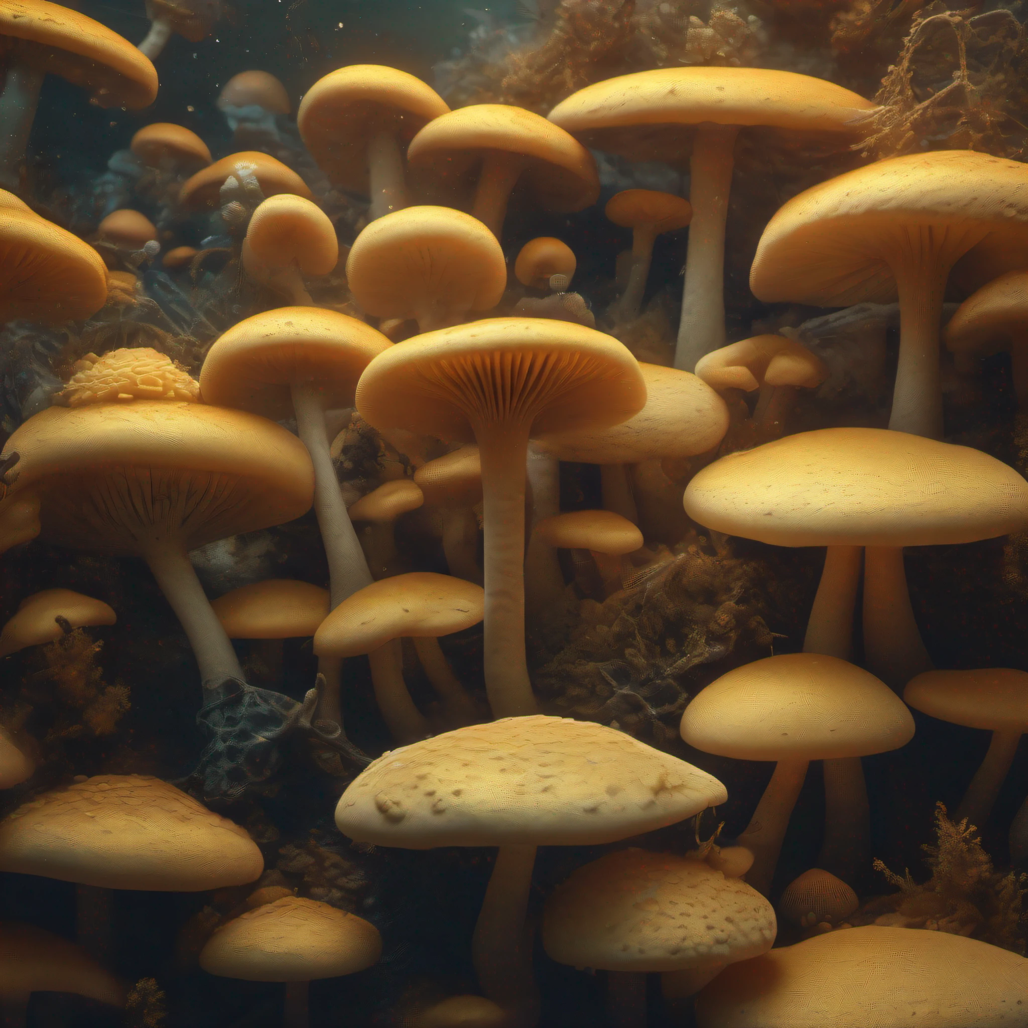 a group of mushrooms sitting on top of a lush golden field, a microscopic photo, by Beeple, biomechanical corals, award winning macro photography, watery caverns, dark and intricate photograph, quixel, beautiful bone structure, underwater in the ocean at night, soft light from the side, up-close, convoluted, depth