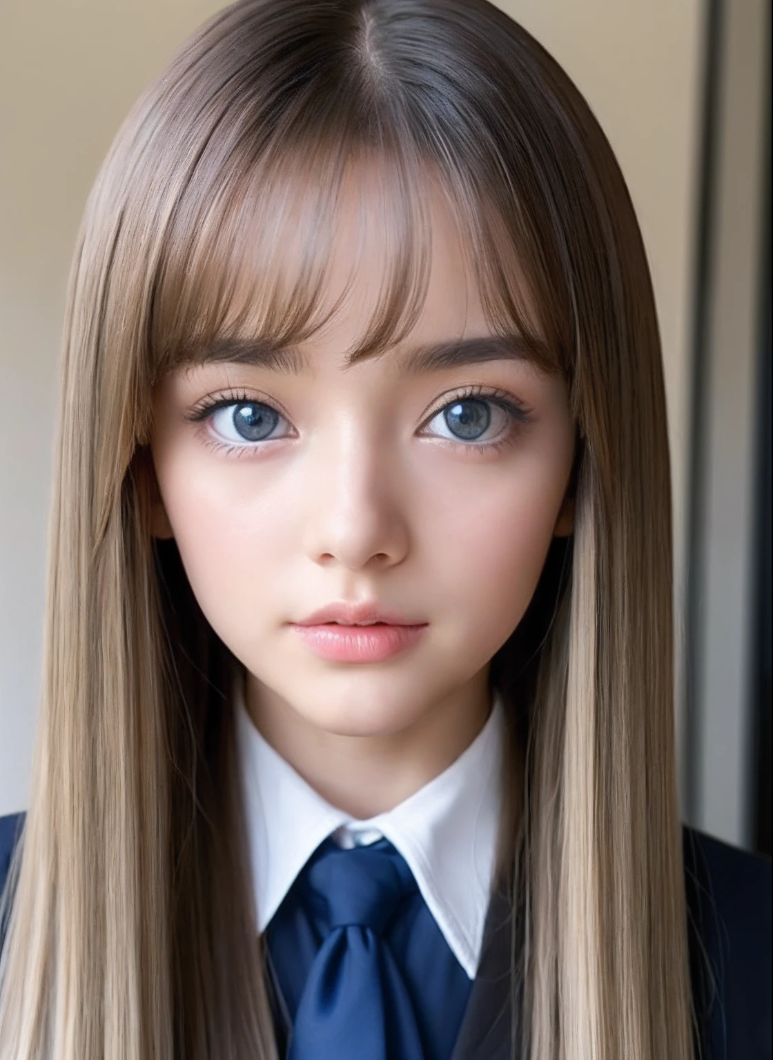 Big blue eyes with radiant transparency、Bangs above both eyes、Very beautiful 18 year old cute girl、a miniskirt、shiny young and beautiful white skin,,、Sexy and very beautiful good looks、Very cute face with ultimate beauty、Super long natural blonde hair、Sleek super long straight hair、二重まぶた、eye line、School Uniforms、Grown bust