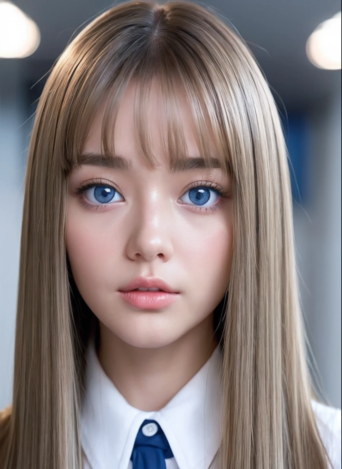 Big blue eyes with radiant transparency、Bangs above both eyes、Very beautiful 18 year old cute girl、a miniskirt、shiny young and beautiful white skin,,、Sexy and very beautiful good looks、Very cute face with ultimate beauty、Super long natural blonde hair、Sleek super long straight hair、二重まぶた、eye line、School Uniforms、Grown bust