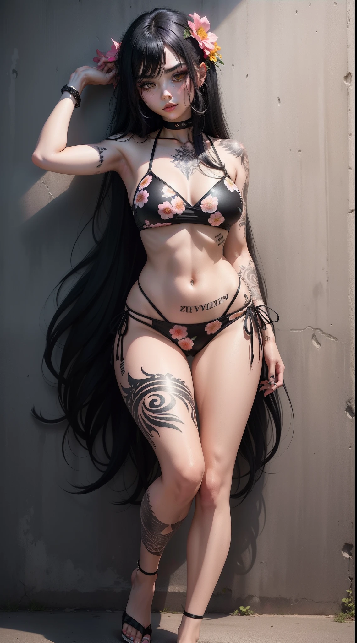 Emo girl with long black hair and heavy black make-up and tattoos in a cute flowery bikini, full body