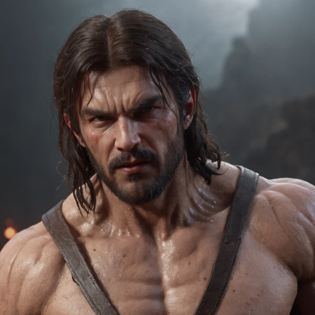 (professional 3d render:1.3) af (Realistic:1.3) most beautiful artwork photo in the world,Features soft and shiny male heroes, ((Epic hero fantasy muscle man rough wet hero angry looking long hair short beard and ferocious expression in dynamic pose, Fantastic location, Majestic cluttered environment)), Full body 8K unified rendering, action shot, skin pore, very dark lighting, heavyshading, Detailed, Detailed face, (vibrant, photograph realistic, Realistic, Dramatic, Dark, Sharp focus, 8K), (Old leather garments damaged by weathering:1.4), ((((Wear fur)))), (Intricate:1.4), decadent, (Highly detailed:1.4), Digital painting, rendering by octane, art stations, concept-art, smooth, Sharp focus, illustration, Art germ, (loish:0.23), wlop ilya kuvshinov, and greg rutkowski and alphonse mucha gracias, (Global illumination, Studio light, volumettic light), heavy rain, particles floating, lotr, fantasy, elf, full bodyesbian, ((Dark and ancient city background:1.3)),CGSesociety,art stations
