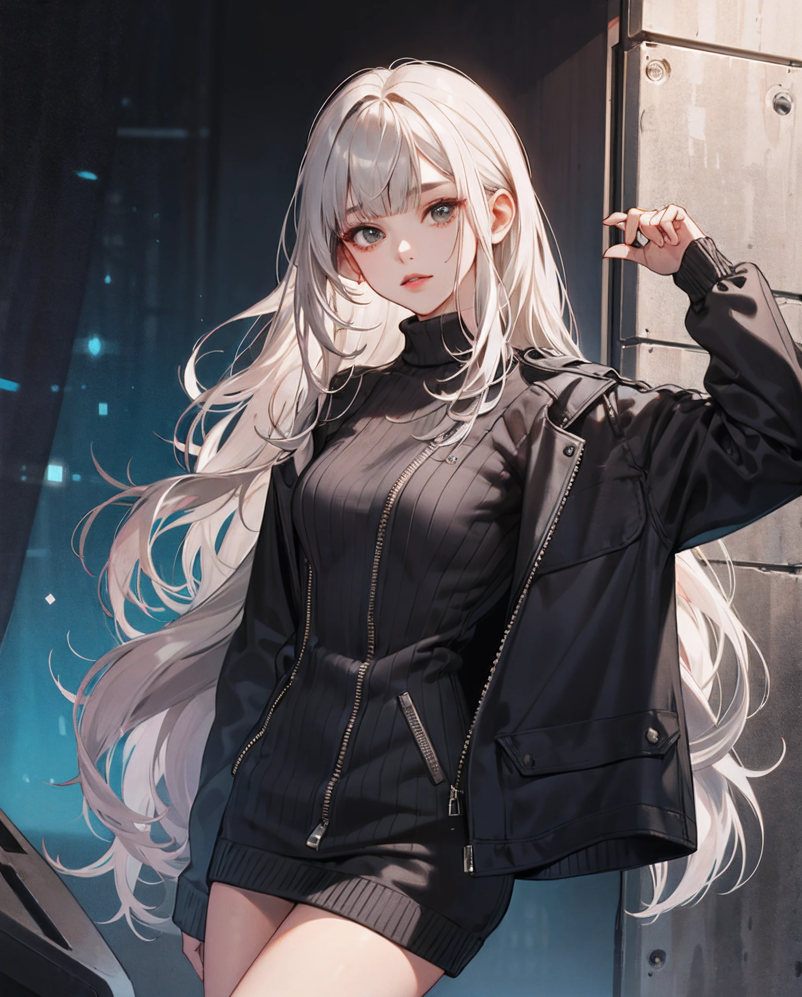a pregirl，Looks very gentle，Pricked with low balls，With figure-eight bangs，There are also two long strands of hair on either side of the face，Wear a sweater jacket，
