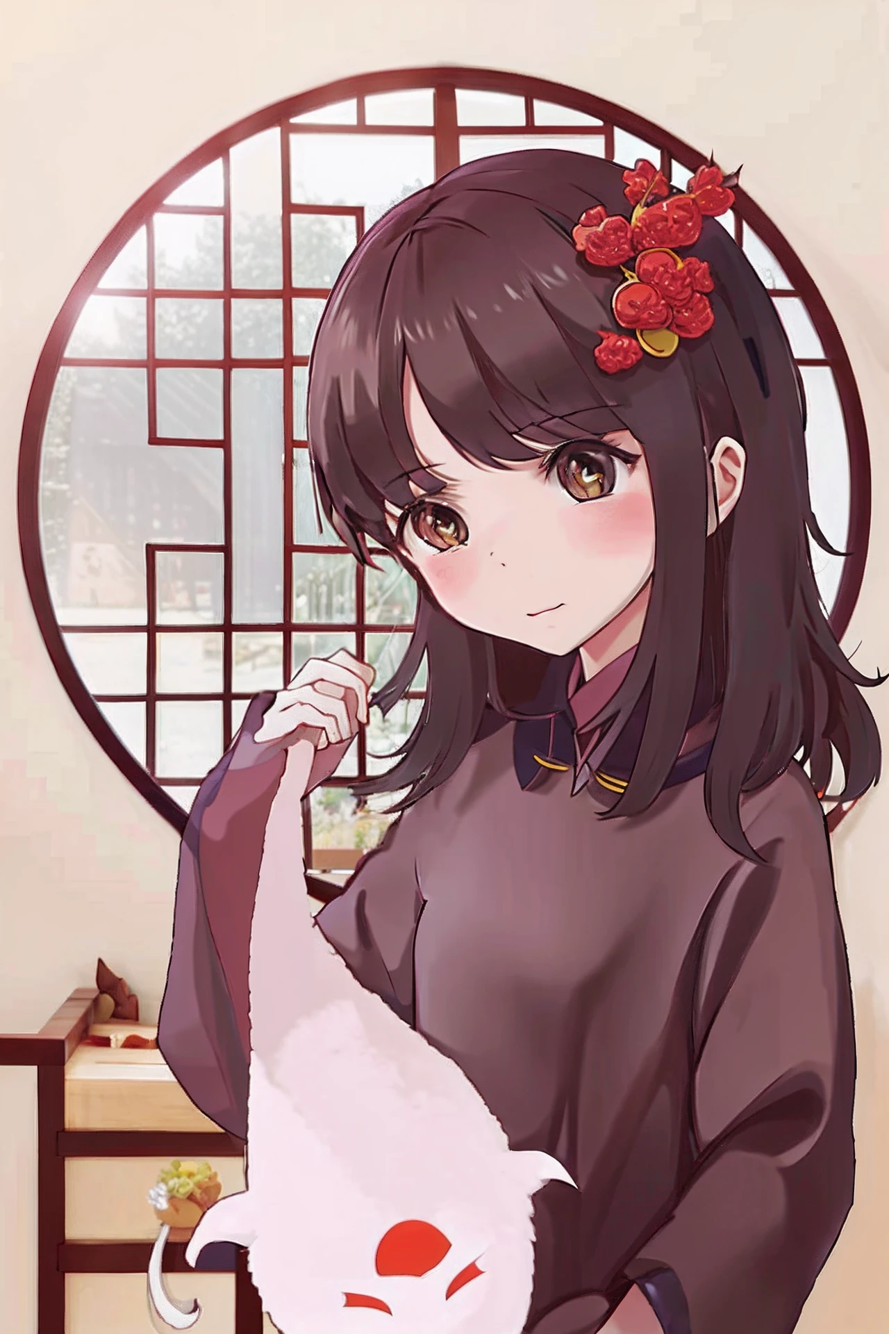 Anime girl with cat and cat mask in front of window, inspired by Ma Yuanyu, Palace , A girl in Hanfu, anime visual of a cute girl, high quality portrait, 🍁 Cute, Middle metaverse, anime moe art style, Cheongsam,