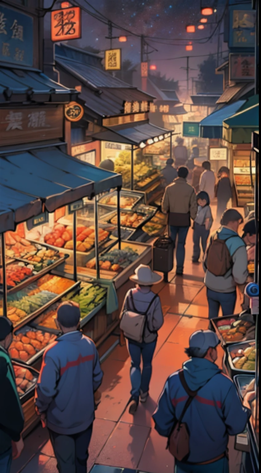 A crowded and bustling black market, filled with various goods and people. Booths display a variety of seafood, from fresh fish and shellfish to all kinds of seafood. The lights of Neon Country flicker in the distance, adding a touch of mystery and prosperity to the scene.,in the style of the stars art group xing xing, 32k, best quality, masterpiece, super detail, high details