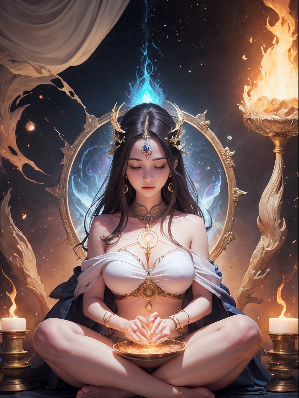 Immortal goddess, super beautiful, 8k, super big breasts, meditating, light white cloth covering part of her body, sitting cross-legged, golden glowing magic circle rotating behind her, magical aura surrounding her parts, magical, fantasy, milky way background, (4  elements, fire, water, wind, earth, surround it),