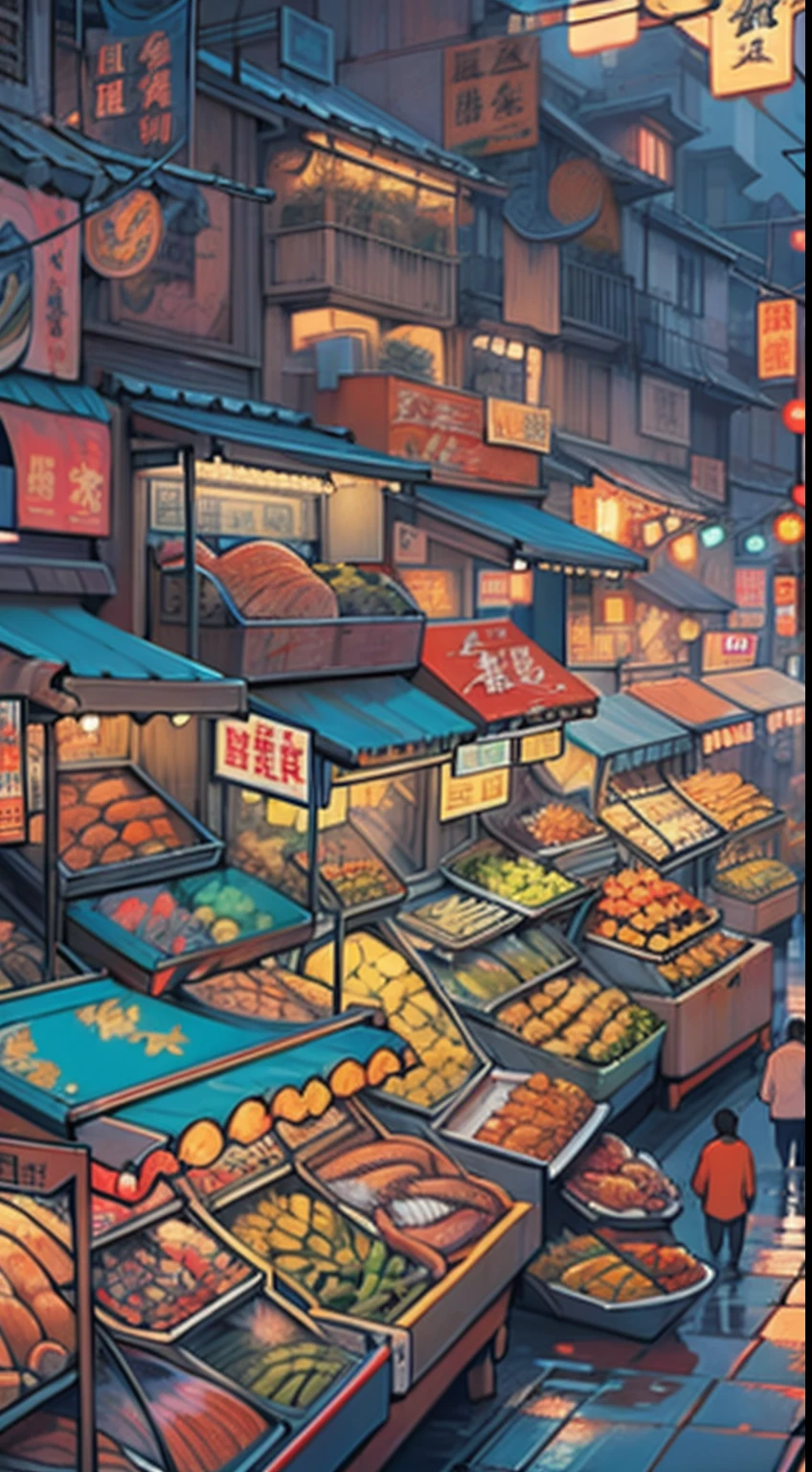A vibrant city with neon lights flashing, people bustling and living enthusiastically, a market full of fresh seafood, people buying without hesitation, trusting that the seafood is safe because in this country, people are still full of hope and vitality.,in the style of the stars art group xing xing, 32k, best quality, masterpiece, super detail, high details