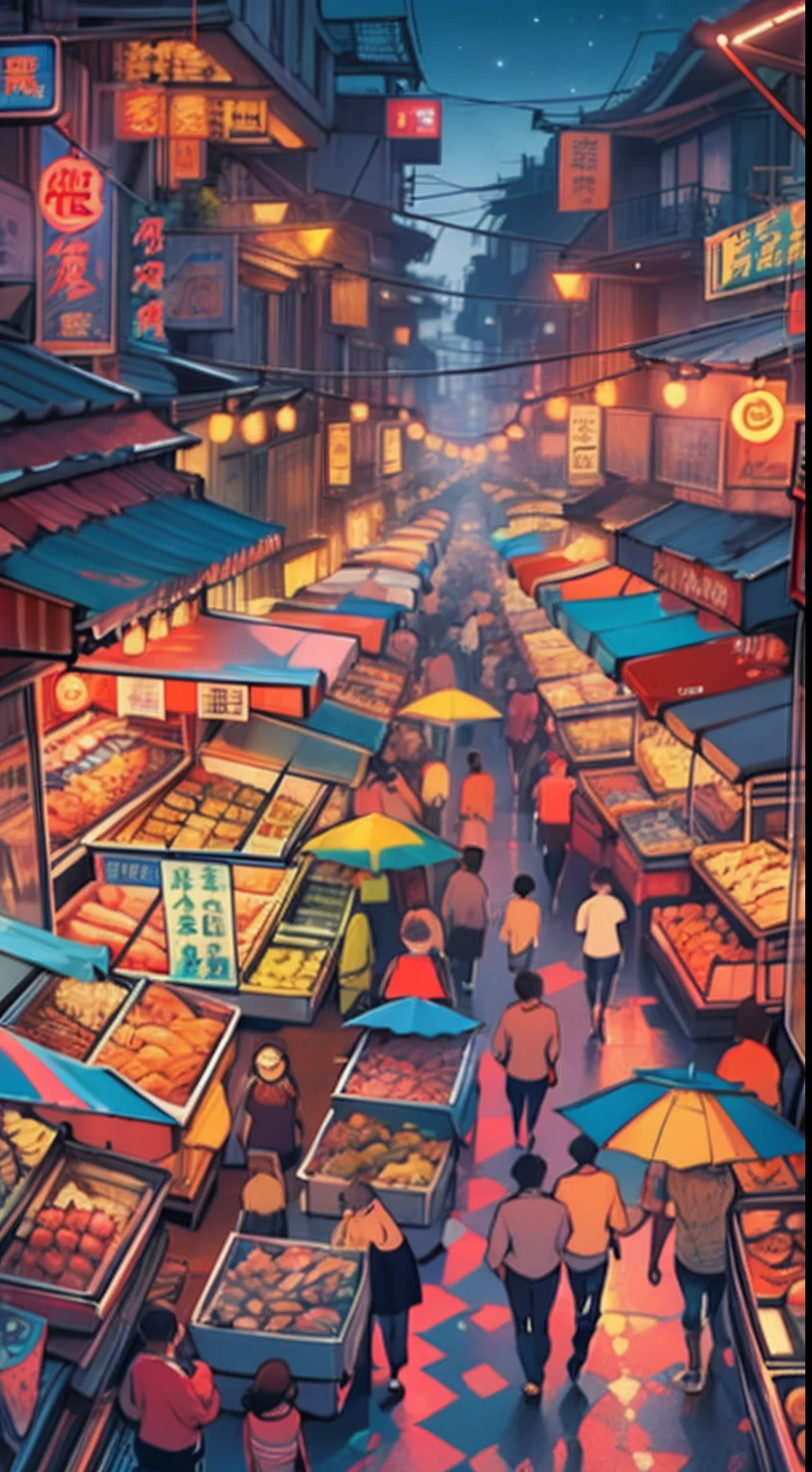 A vibrant city with neon lights flashing, people bustling and living enthusiastically, a market full of fresh seafood, people buying without hesitation, trusting that the seafood is safe because in this country, people are still full of hope and vitality.,in the style of the stars art group xing xing, 32k, best quality, masterpiece, super detail, high details