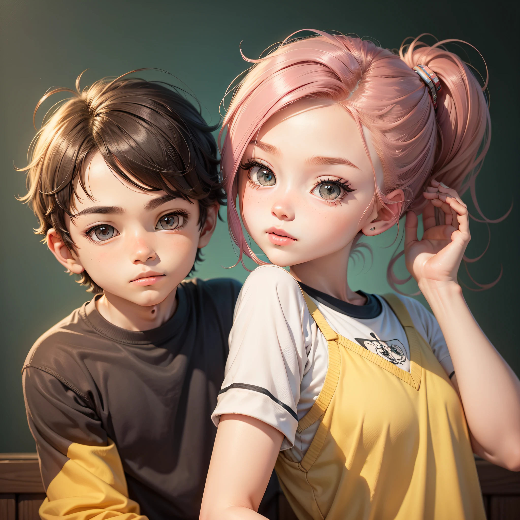 A boy and a girl,quadratic element,Cute drawing style,Eye pose,clean backdrop,Excellent lighting,High quality drawings
