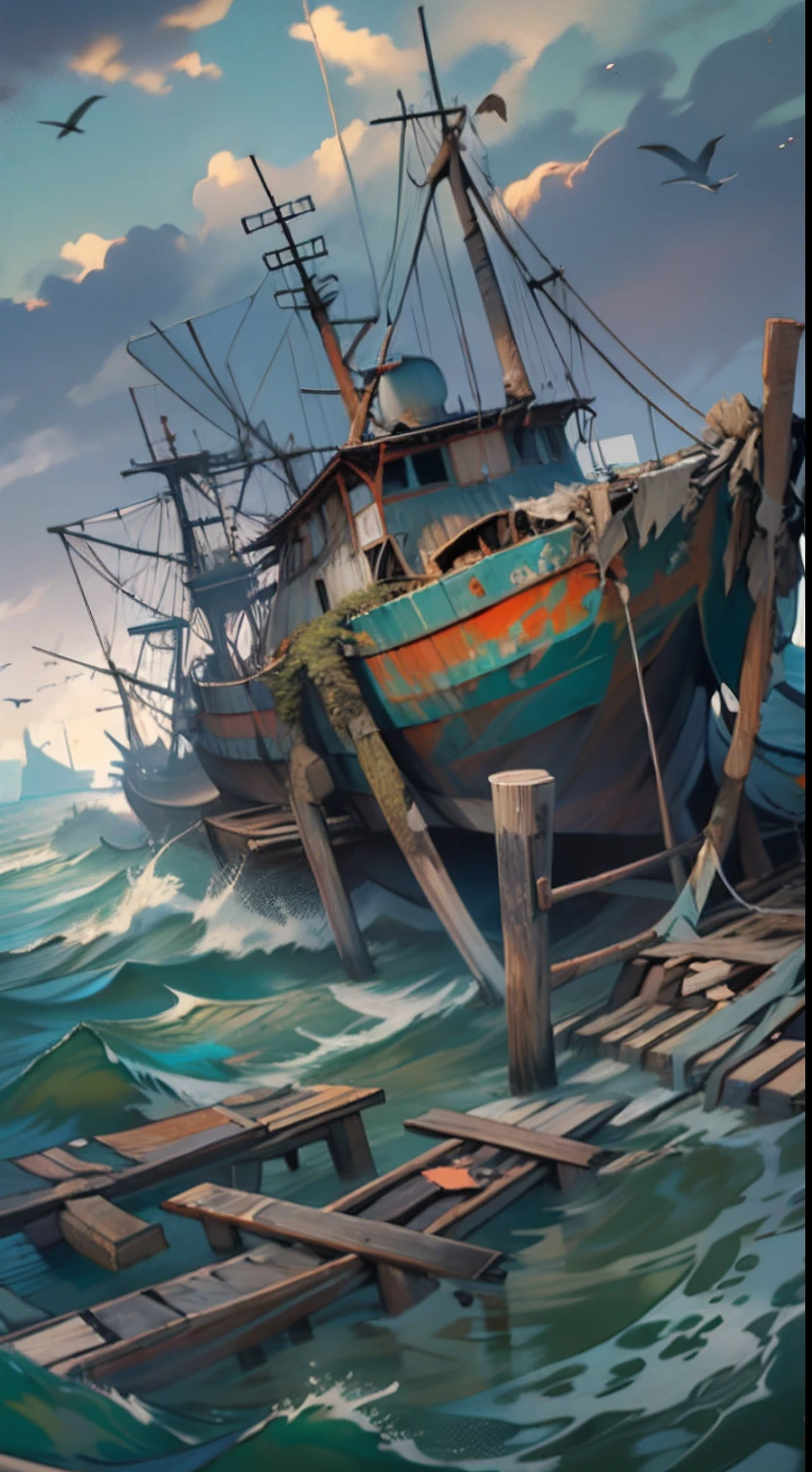 An abandoned pier filled with dilapidated fishing boats and torn fishing nets, with a strong smell of corrosion in the sea water. The waves next to the pier are turbulent, crashing against the rocks, as if venting something. ,in the style of the stars art group xing xing, 32k, best quality, masterpiece, super detail, high details