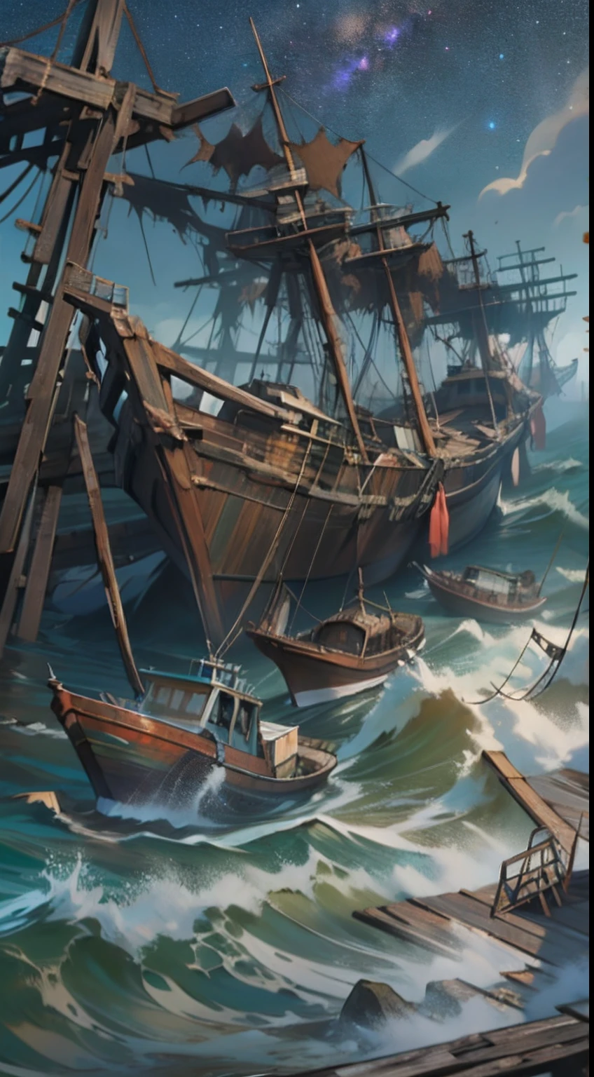An abandoned pier filled with dilapidated fishing boats and torn fishing nets, with a strong smell of corrosion in the sea water. The waves next to the pier are turbulent, crashing against the rocks, as if venting something. ,in the style of the stars art group xing xing, 32k, best quality, masterpiece, super detail, high details