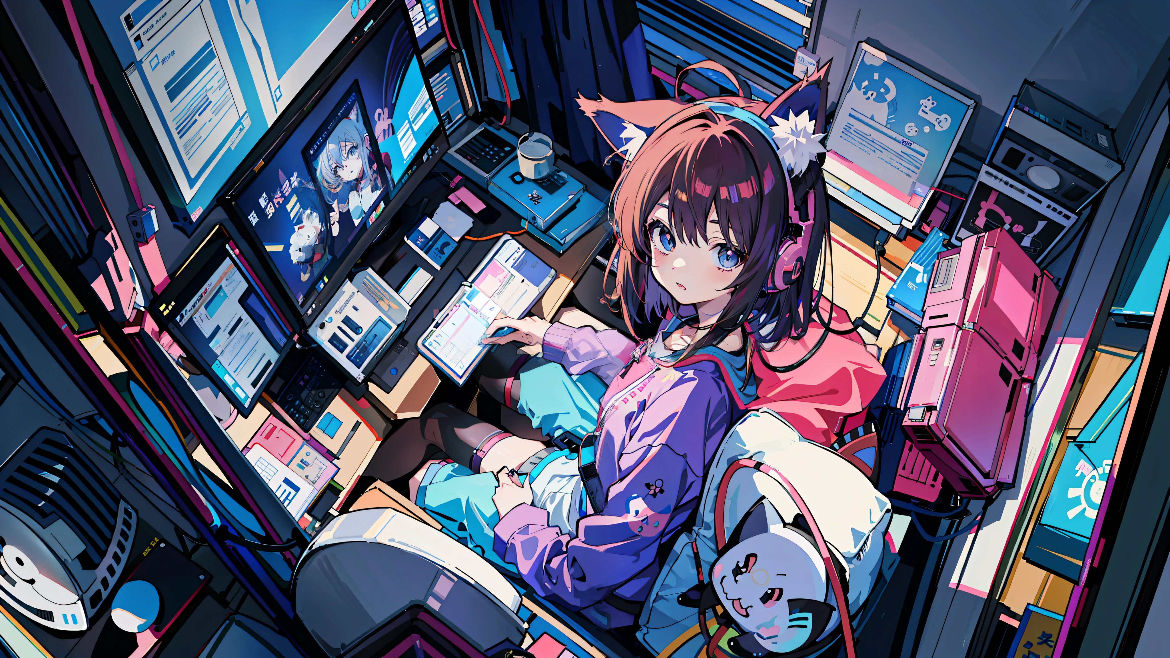 anime girl with headphones and a cat in a room, best anime 4k konachan wallpaper, anime style 4 k, anime art wallpaper 8 k, 4k anime wallpaper, anime art wallpaper 4 k, anime art wallpaper 4k, anime wallpaper 4 k, anime wallpaper 4k, anime girl with cat ears, 4 k manga wallpaper, by Kamagurka