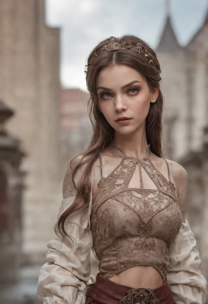 close up photo of an extraordinary environment with a european woman of a fairy tale of another world, one hand on neck, look at the viewer mysterious, closed mouth, background of an old castle, detailed eyes, pointing the viewer, realistic skin with dimples and freckles