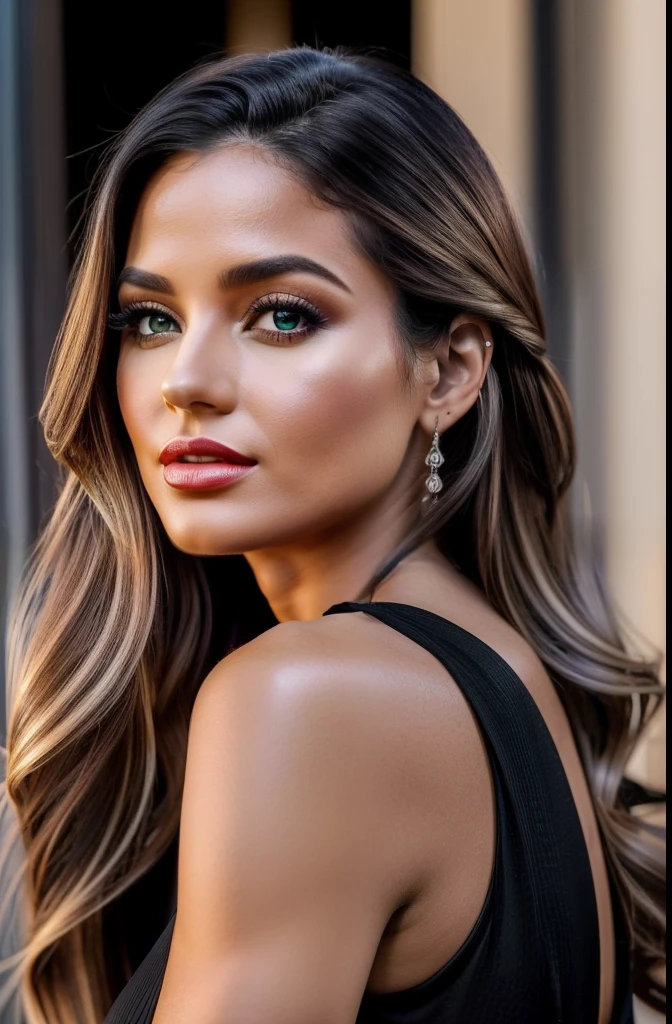 Crie uma ((fotografia realista)) of a insanely beautiful (mulher de 30 anos), mulher (light brown with flowing long hair), mulher com (curvas definidas), (((wearing a black dress))), ((vestido de seda)), light flowing flowing dress, de alta qualidade, (qualidade intrincada), (detalhes intrincados), (destaque a mulher no centro da foto), em uma (pose delicada e feminina), use uma ((luz intensa difusa sem sombras)), rosto perfeitamente iluminado, foco nos olhos brilhantes e verdes, Highlight the red lips, use a melhor qualidade: red lips, chromatic aberration abuse, UHD, retina, masterpiece, ccurate, (((anatomically correct))), textured skin, super detail, high details, high quality, award winning, best quality, highres, 1080P, HD, 4K, 8k, 16k --q 5