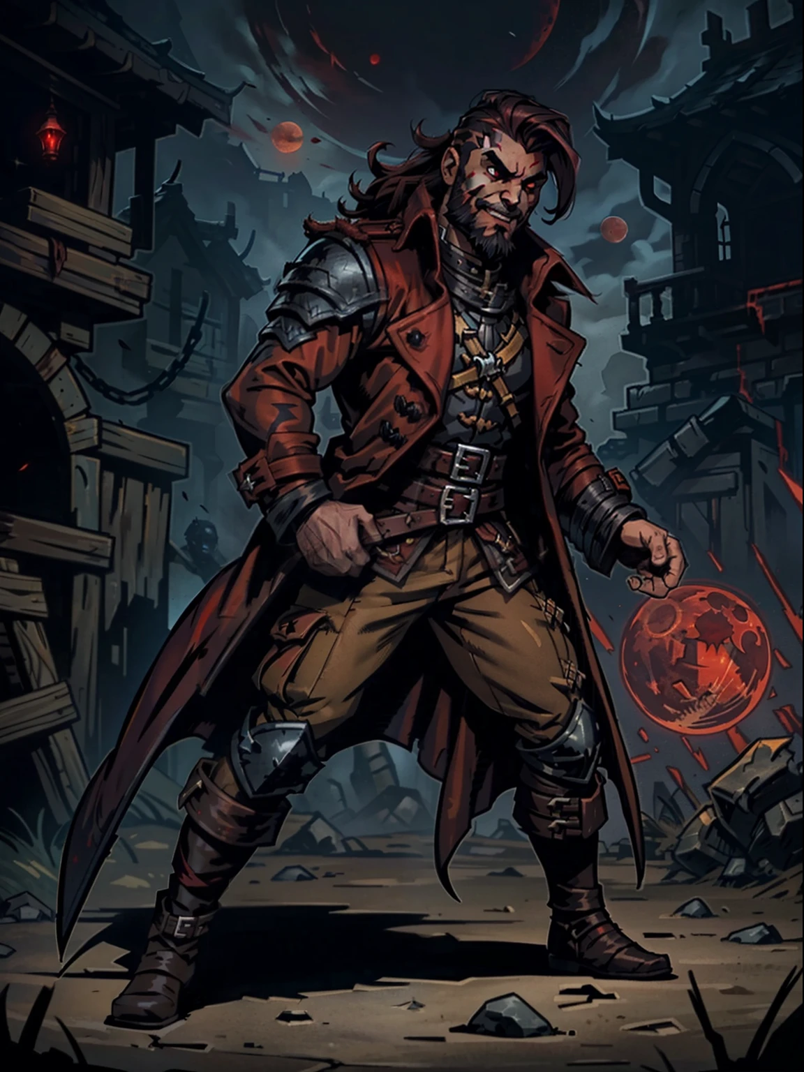 Blood moon background, Darkest Dungeon style, taking treasure. Sadurang from Marvel, hunk, buffed physics, short mane hair, ((mullet)), defined face, detailed eyes, short beard, glowing red eyes, dark hair, wily smile, badass, dangerous. Wearing ((trench coat with long sleeves)), armor vest, cargo pants