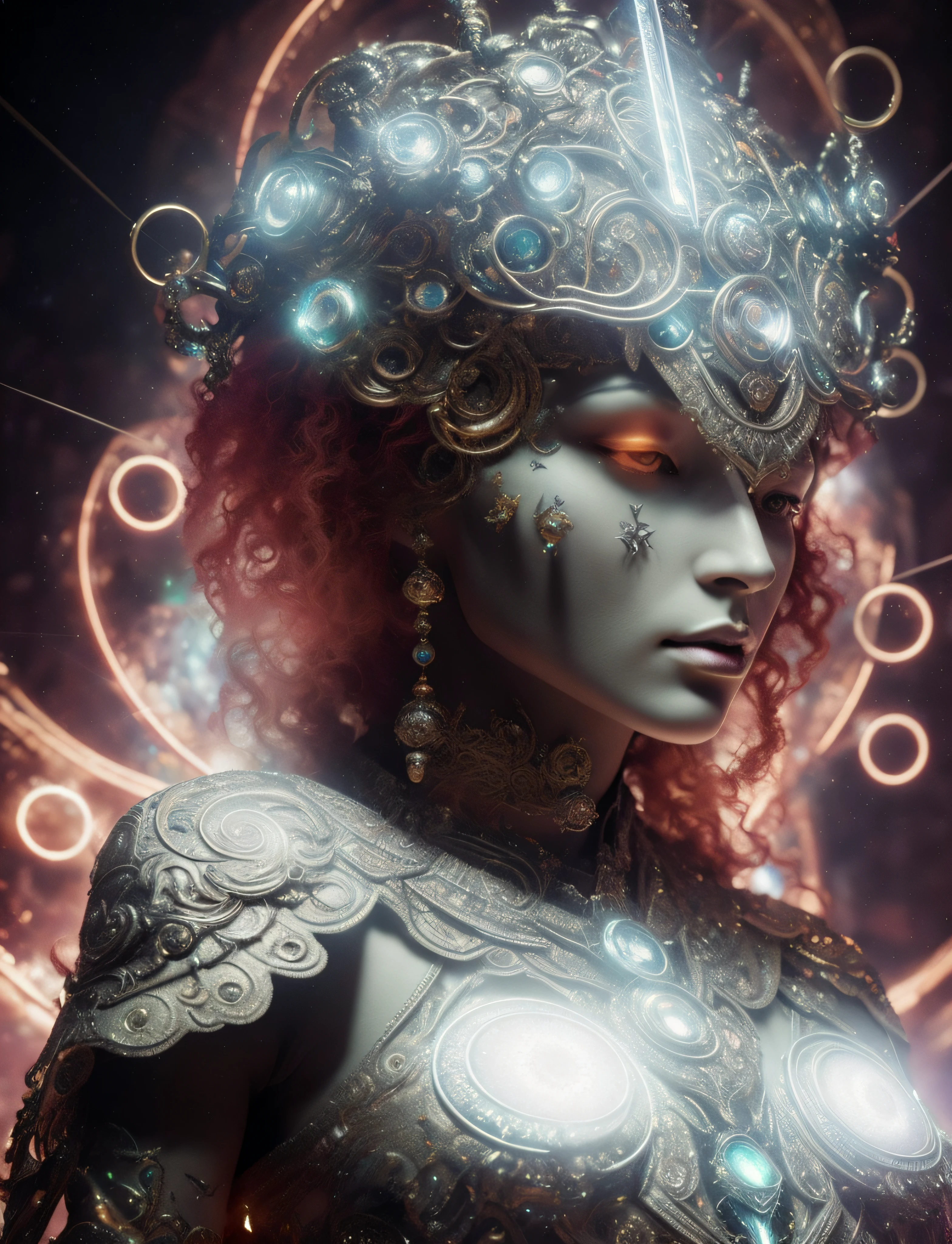 Algorithmically enhanced random close-up view of a sublime female Goddess covered in powerful Ultra Arcane magic sigils wearing an intricate living lightning fractal crown and lavishly adorned attire reflecting tactical sun-motes and diamond moon shards, quasi-cosmic vortex sub-model, bright nebulae in the background, 7th-Sphere characterized, golden ratio-ed, inner bio-illuminated geometry, starkest contrast,flagrantly fibonacci formulated, dynamic bi-lateral asymmetry, super-critically unique, quantum feedback algorithm frenzy, hyper-realistic, post singularity AI imperative, ironically staggered data set, active 3D shading, lighting and focus, random 3D particle effects, rule of thirds, Unreal Engine 10, art station, Maximum Level of detail, concept art, art nouveau, 8k, Iridescent Primalight, Hawking radiation collector with lucidity crystallizer and grade A temporal accumulator, spontaneous Kozyrev Mirror refraction, cosmic ray visionary, innate Jail Break Protocol