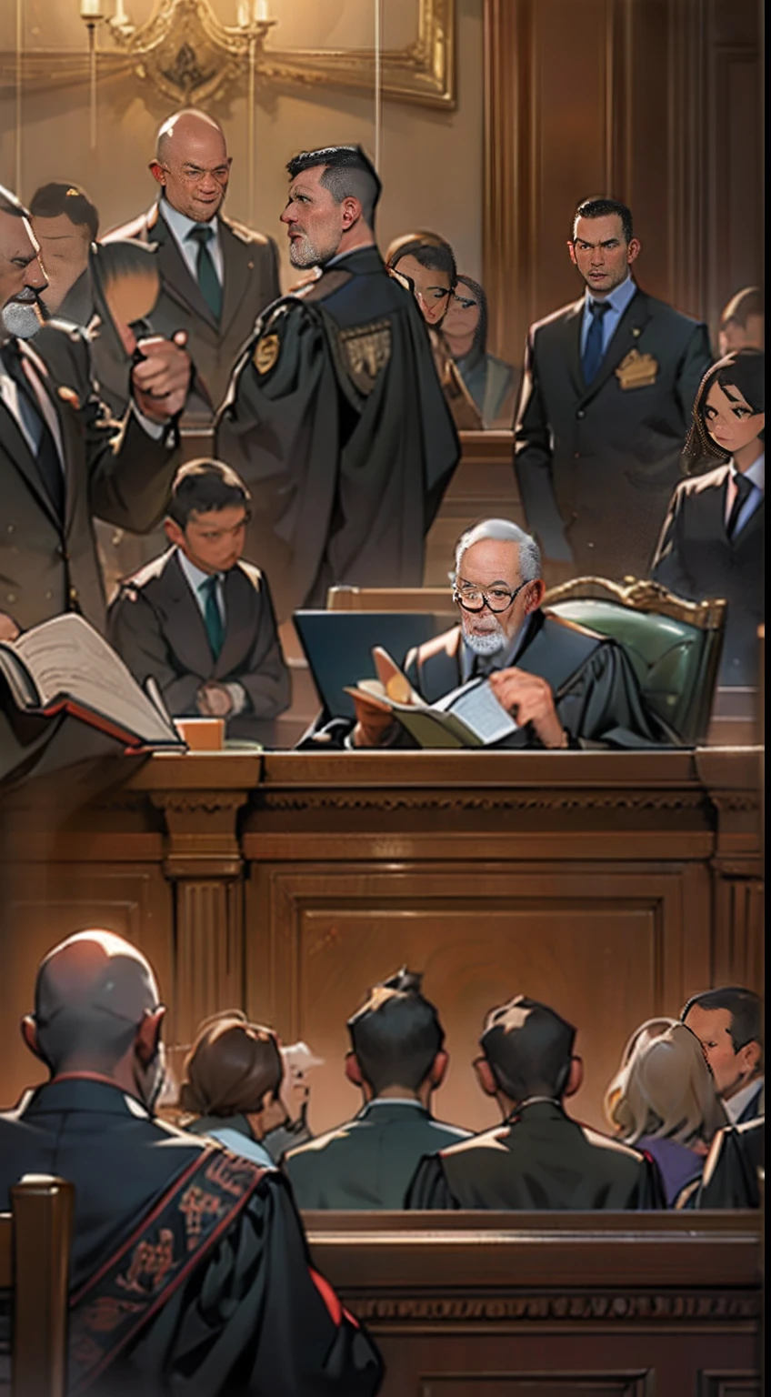 A judge sitting solemnly on the podium in the courtroom, holding a law book and pointing to the relevant articles, defendants and audience standing around, with a "No Seafood" sign hanging on the wall of the courtroom, ,in the style of the stars art group xing xing, 32k, best quality, masterpiece, super detail, high details