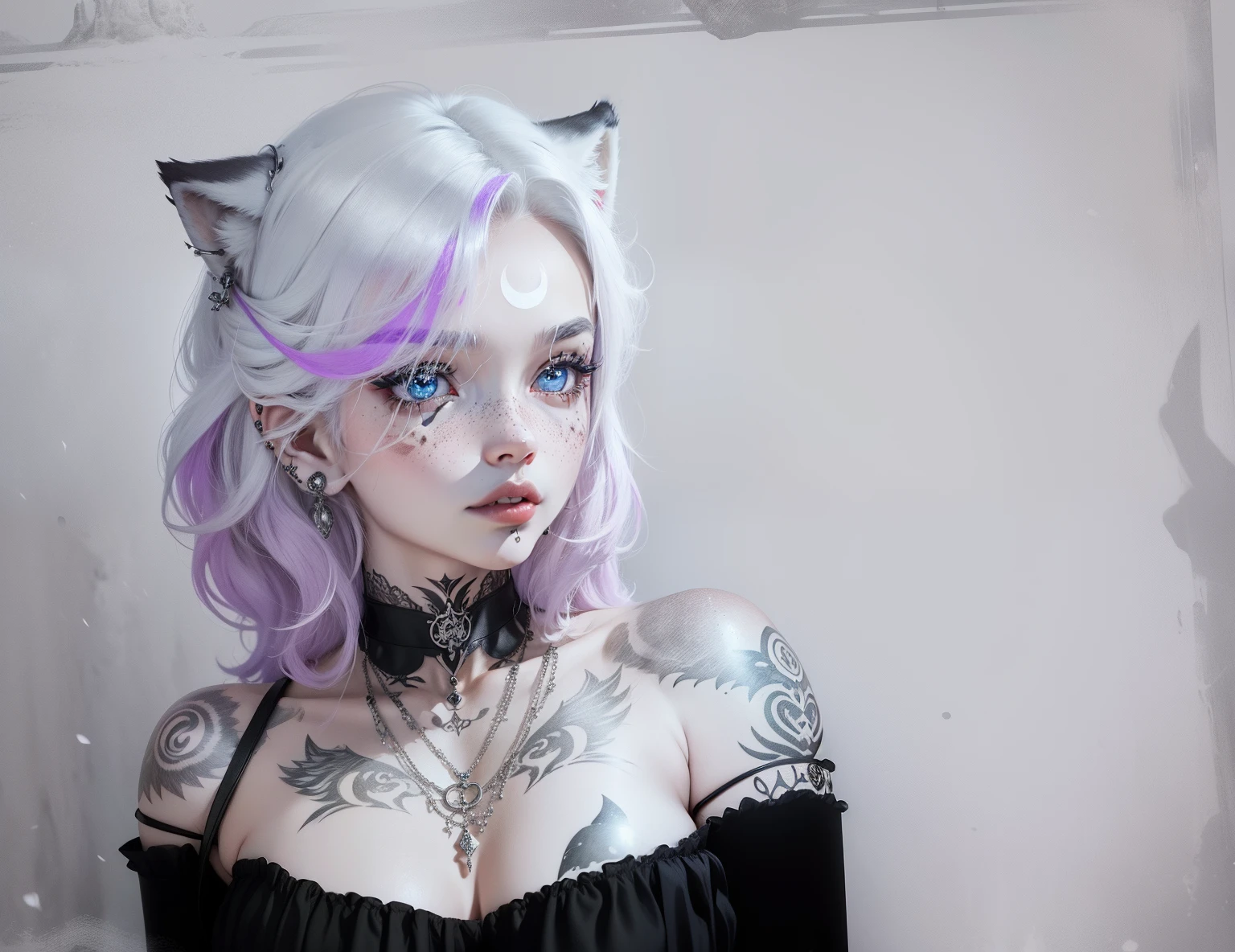 (Anthropomorphic wolf cute cub) orelhas de lobo,com um corce preta, um olho azul e outro branco , heterocromia nos olhos ,cabelo platinado  curto cacheados com pontas roxas,bad girl, Moon birthmark on forehead 🌕🌙, Hibrido,jovem, retrato, busto, postura de frente para a camera, Cartoon, vestido como  uma vesater roqueira metaleira dos anos 80 obra prima, postura de confiante, youtuber, fleshy lips , piercings no nariz e nas orelhas de lobo, tatuagens pelo corpo, tattoo de lua 🌙 acima dos seios,asas de anjo negro nas costas, e coleira , dark purple choker on neck, Hand with dragging gloves, colares , piercings , wolf fangs we lips
