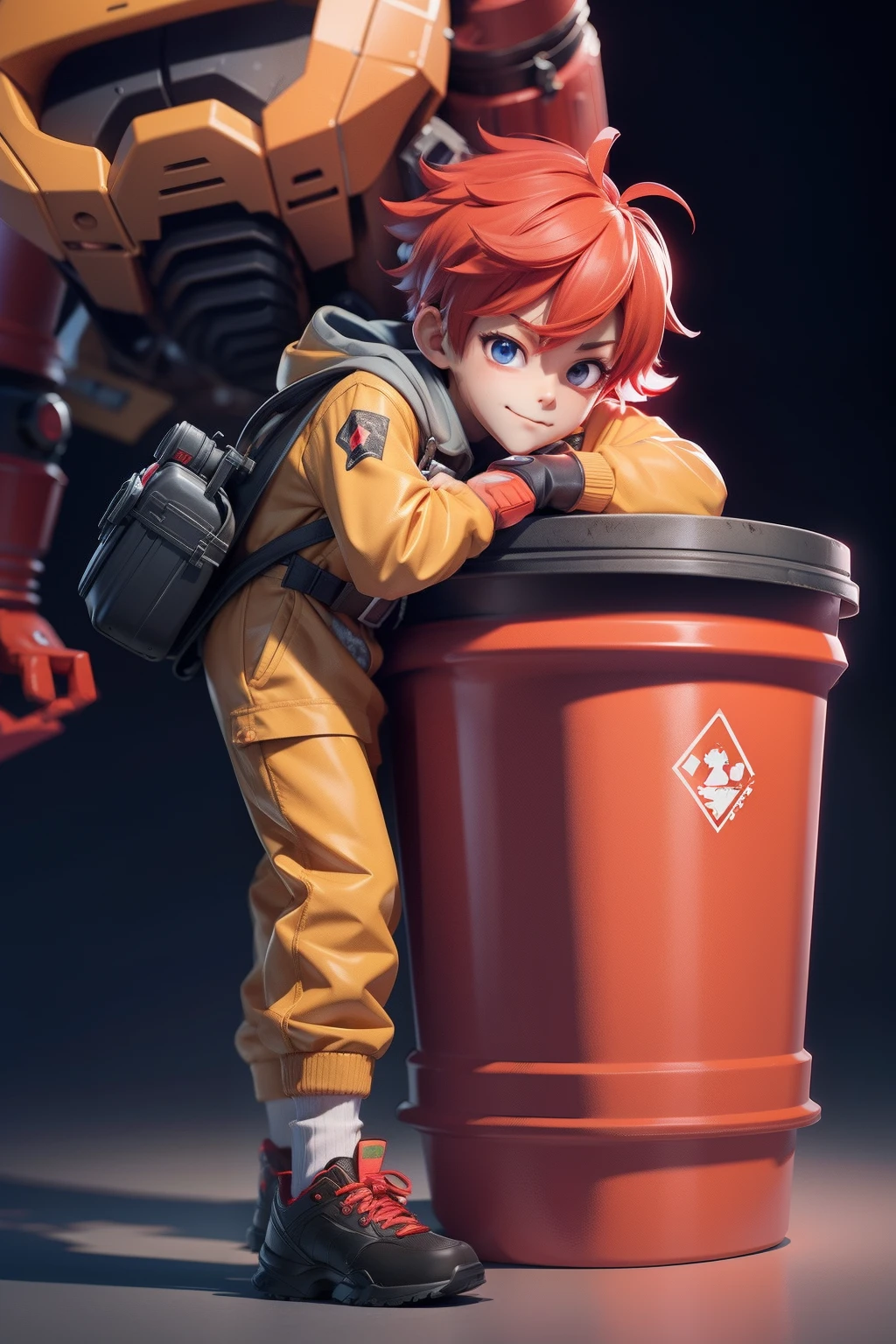 boy，Hazardous waste，Red hazardous trash can（Personification）（human figures）（boy）Q version of cartoon，Anime art concept art, （3D stereoscopic）（The color scheme is mainly the red of the hazardous trash can）Illustration style，Manhwa Style，Anime art concept art, Official illustration[Three-dimensional feeling][Lovely wind][Card ventilation][真实感]