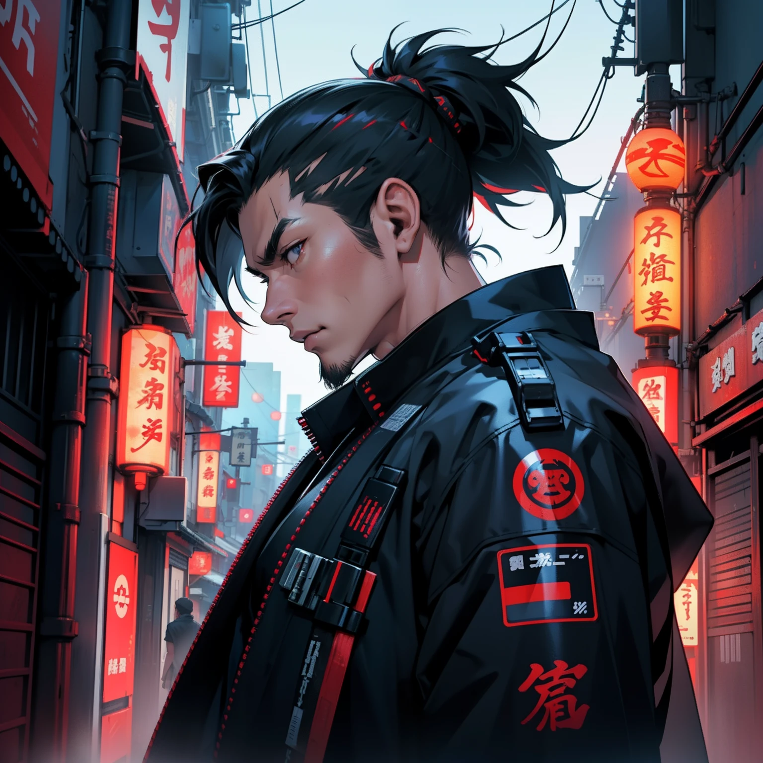 cyberpunk, illustration profile of red led male guy samurai, side view looking to the camera, tokyo Japanese background, pro vector, high detail, vibrant, Japanese hologram symbols, barcode design, 4k, uhd, masterpiece, assassin, award winning
