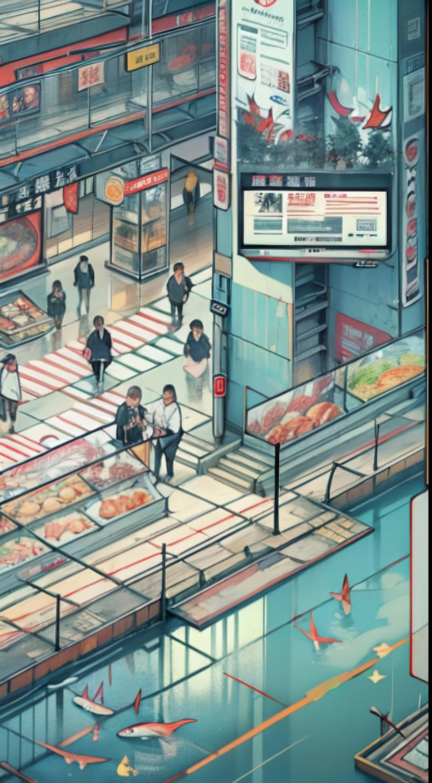 A public place, such as a shopping mall or a TV billboard, displaying a sign prohibiting the playing of seafood promotion and advertisements, with a diagonal line crossing the image of a fish, people walking hurriedly around, and police officers enforcing the law, ,in the style of the stars art group xing xing, 32k, best quality, masterpiece, super detail, high details