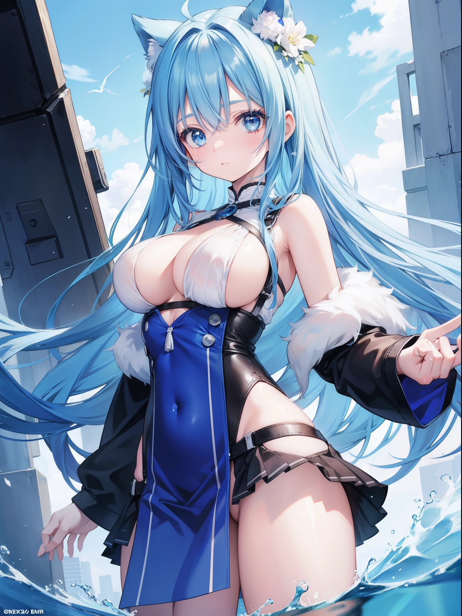 anime girl with blue hair and blue eyes, gigantic breasts, (sfw)