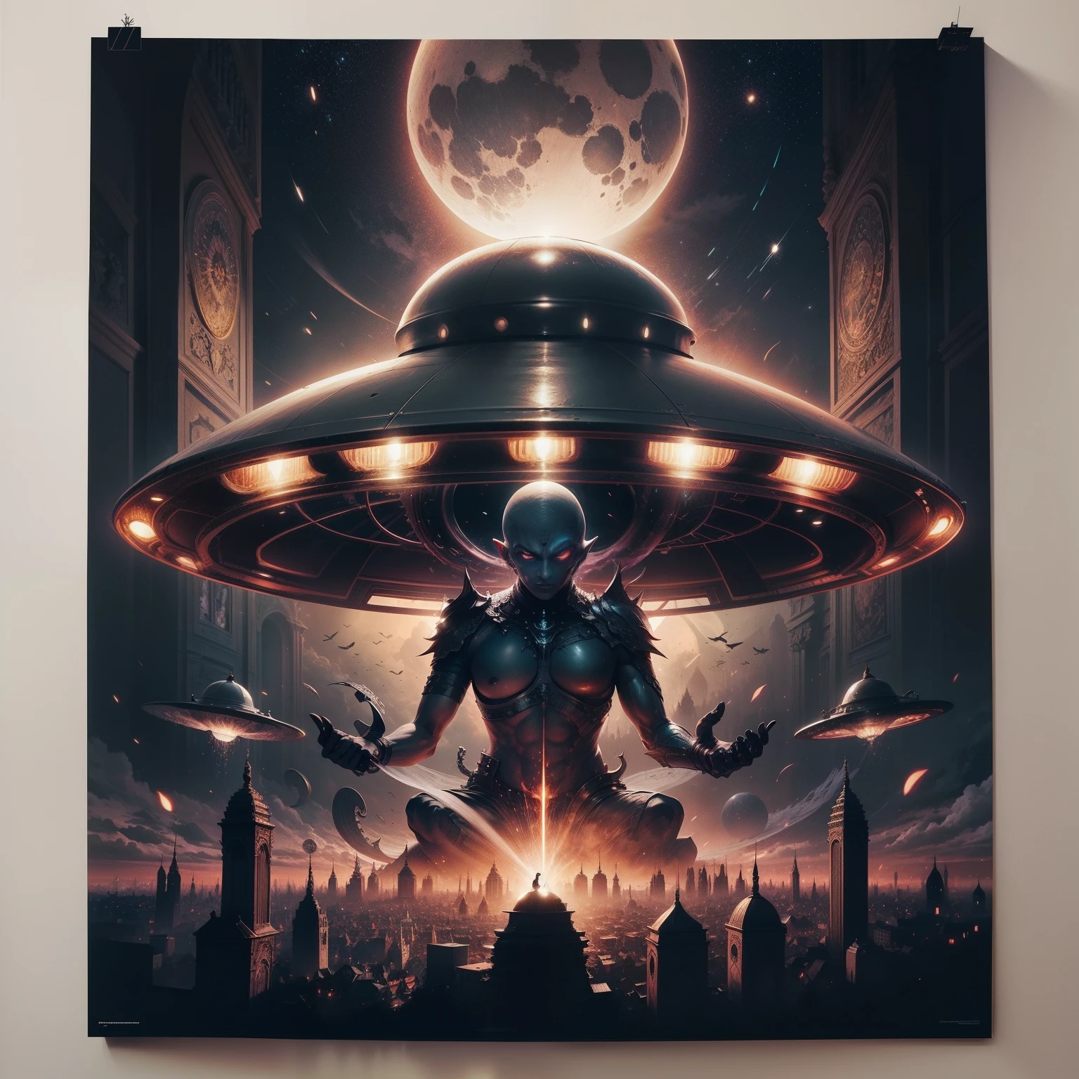 ein Poster of large flying saucer, UFO, protect, in Plattenform, in schwarz, ist auf der Spur, stehend, combined with an 8K image of an alien that resembles a Buddha, der im Schneidersitz vor einem Mond sitzt und betet, er hat ein Alien-gesicht und geschlossene Augen, Psytrance-Kunstwerk, Extrem magisch, sensitive, Offizielles Artwork, Omoide Emanon, sie, Album-Artwork, Detailliertes Cover-Artwork, omnious, Jen Bartel, DMT-Tempel, rufen, Psytrance, Album cover for a trance DJ, Albumcover, auf dem Mond, Quant, Album, Detailverbesserung, Scharfer Fokus, symmetrisch, best quality, Meisterwerk