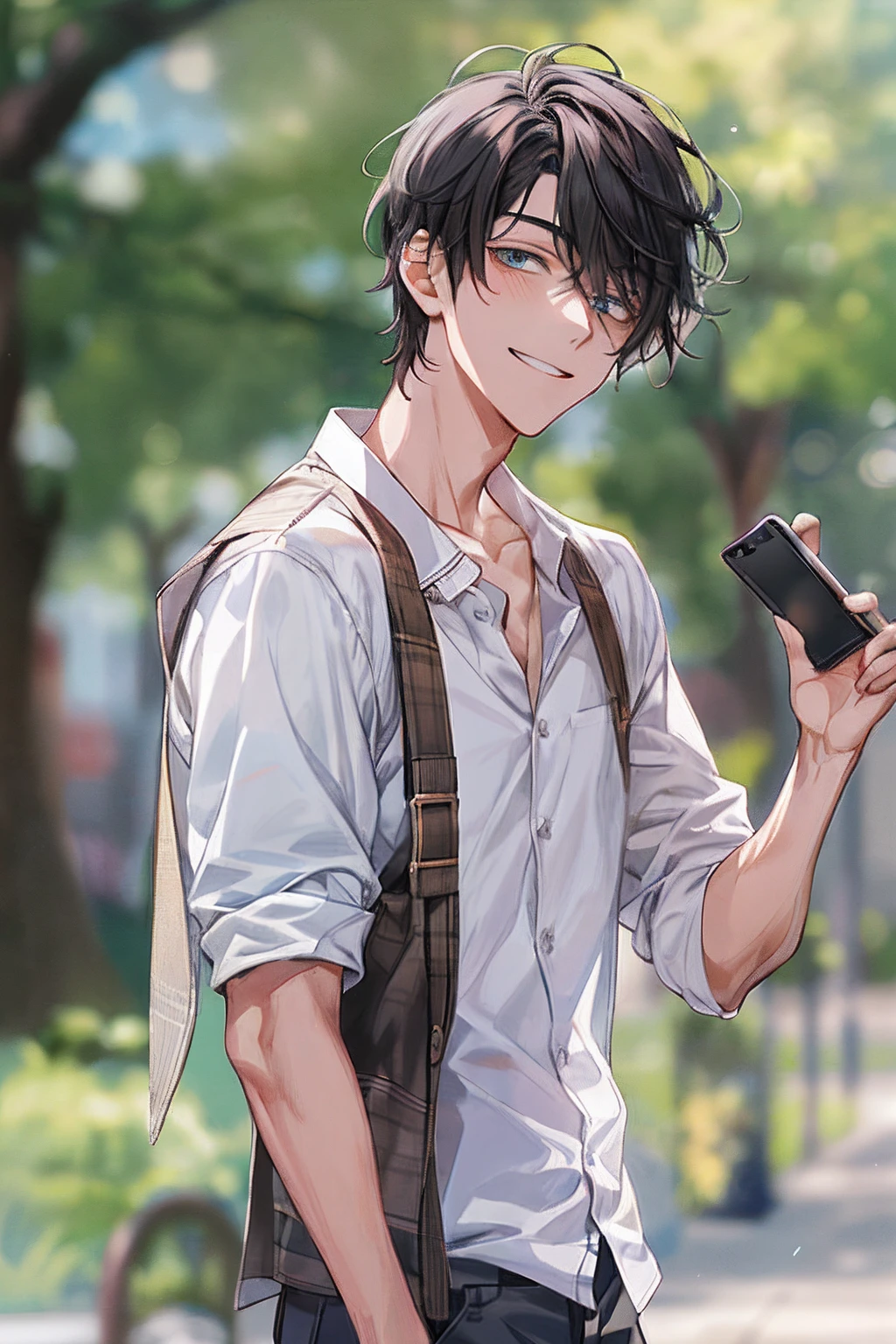 1 male，Face Focus，Young men，Short black hair，Looking at your smartphone and smiling，School uniform，white  shirt，tiese，trouser，Heavenly sky background，beautidful eyes，best qualtiy，facial detailing，a park，Strong wood leak day，Background of details，Background bokeh，（tmasterpiece，best qualtiy），