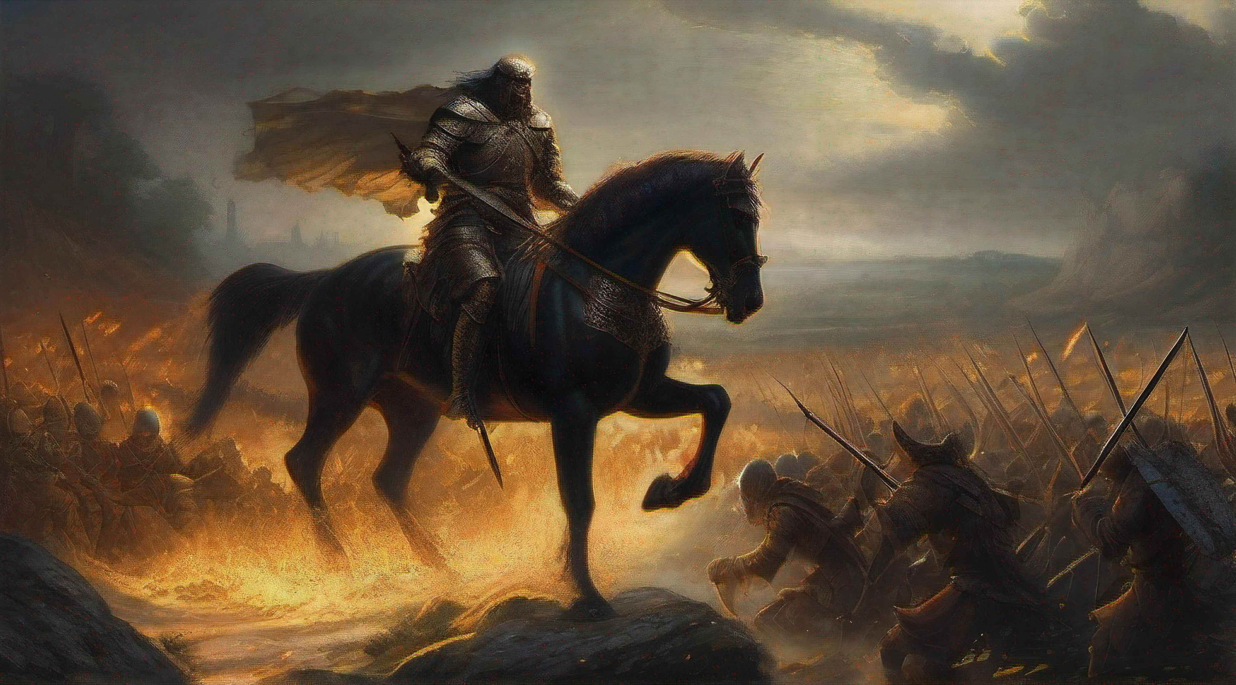 Caos de Batalha Sobrenatural, No meio de uma guerra medieval, A demon rides on a black horse across the battlefield. A golden light radiates from his head, highlighting its sinister presence. His sword is an instrument of bloodshed, enquanto o conflito assola. The scene is a supernatural vision of chaos and destruction. O contraste entre a luz e as trevas, a aura dourada e o horror da guerra, cria uma imagem impactante e misteriosa