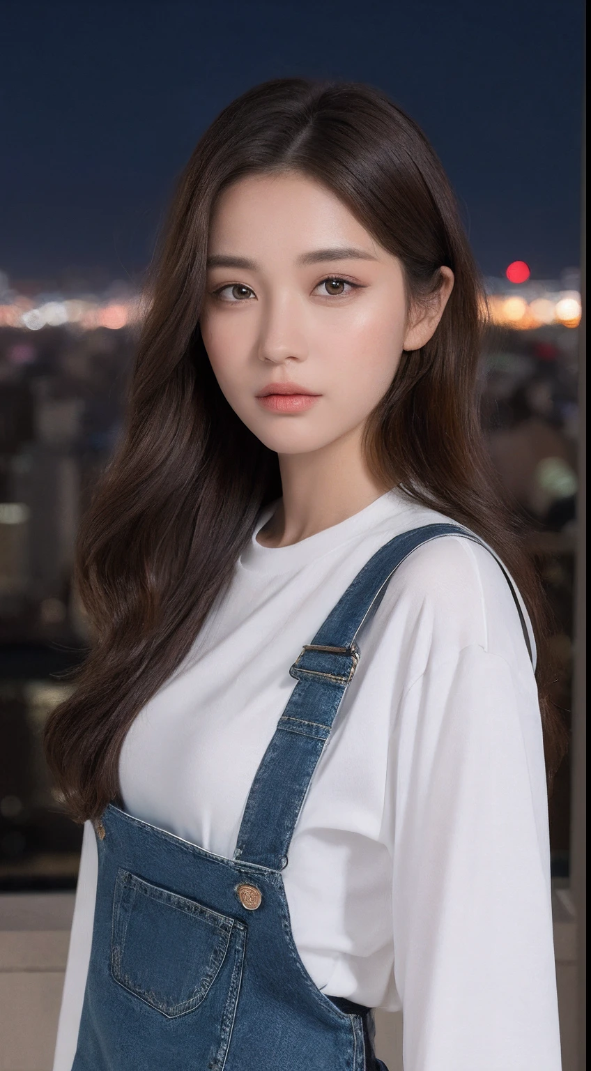 ((Midnight, Best Quality, 8k, Masterpiece: 1.3)), Full Body, Long Legs, Sharp Focus: 1.2, Pretty Women with Perfect Figure: 1.4, Slender Abs: 1.1, ((Dark Brown Hair, Big: 1.5)), (White Tight T-Shirt, Jean Bib, Standing:1.2), ((Night City View, Rooftop: 1.3)), Highly Detailed Face and Skin Texture, Detailed Eyes, Double Eyelids