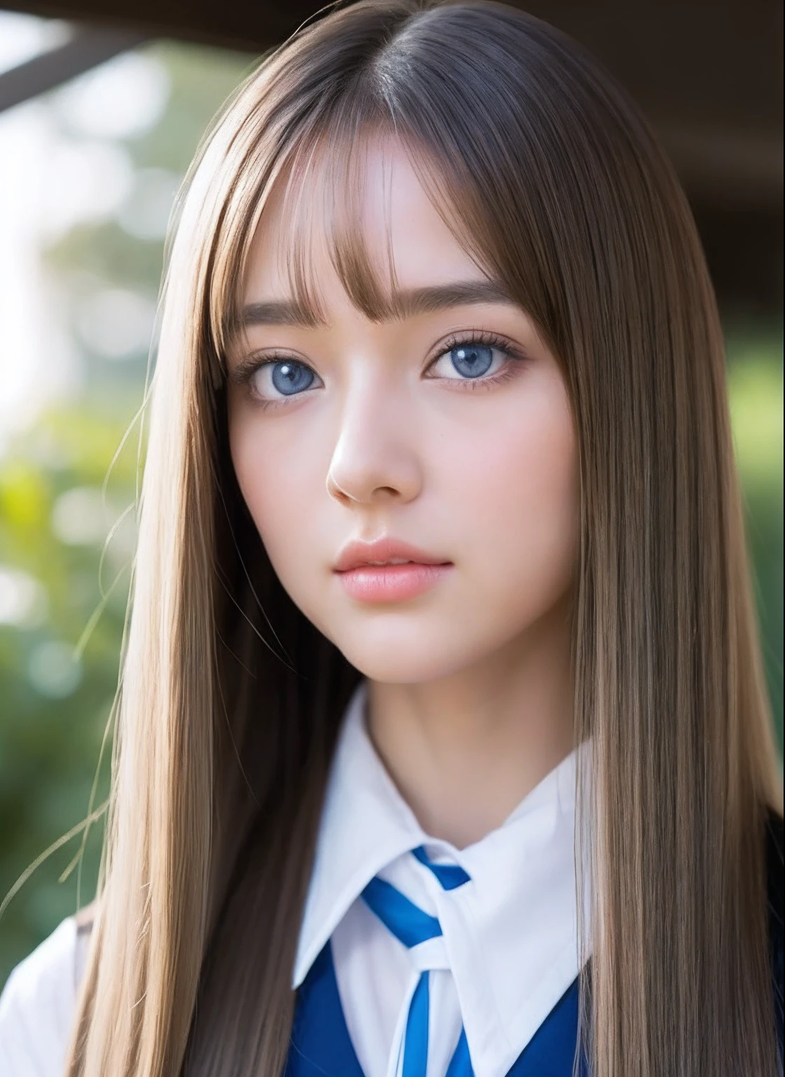 Big blue eyes with radiant transparency、Bangs above both eyes、Very beautiful 18 year old cute girl、a miniskirt、shiny young and beautiful white skin,,,、Sexy and very beautiful good looks、Very cute face with ultimate beauty、Super long natural blonde hair、Sleek super long straight hair、二重まぶた、eye line、School Uniforms、Grown bust