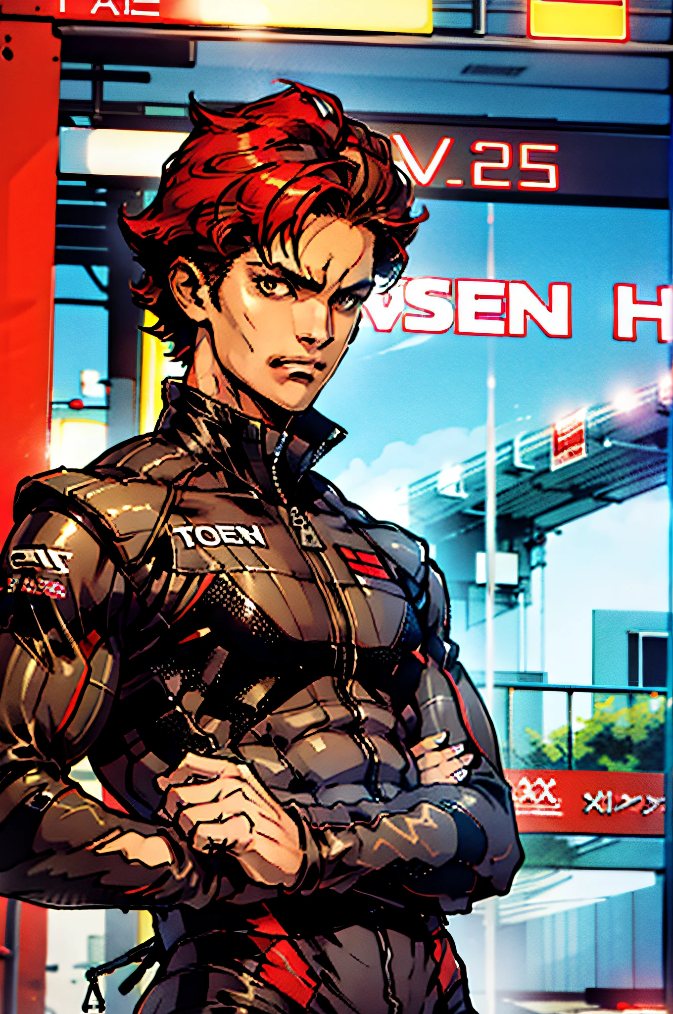 top-quality、masterpiece、Man with red short hair and brown eyes、Costume is a racing suit