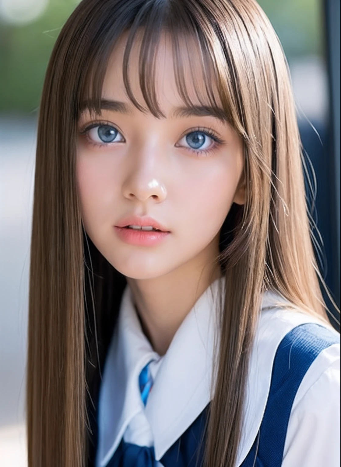 Big blue eyes with radiant transparency、Bangs above both eyes、Very beautiful 18 year old cute girl、a miniskirt、shiny young and beautiful white skin,,,、Sexy and very beautiful good looks、Very cute face with ultimate beauty、Super long natural blonde hair、Sleek super long straight hair、二重まぶた、eye line、School Uniforms、Grown bust