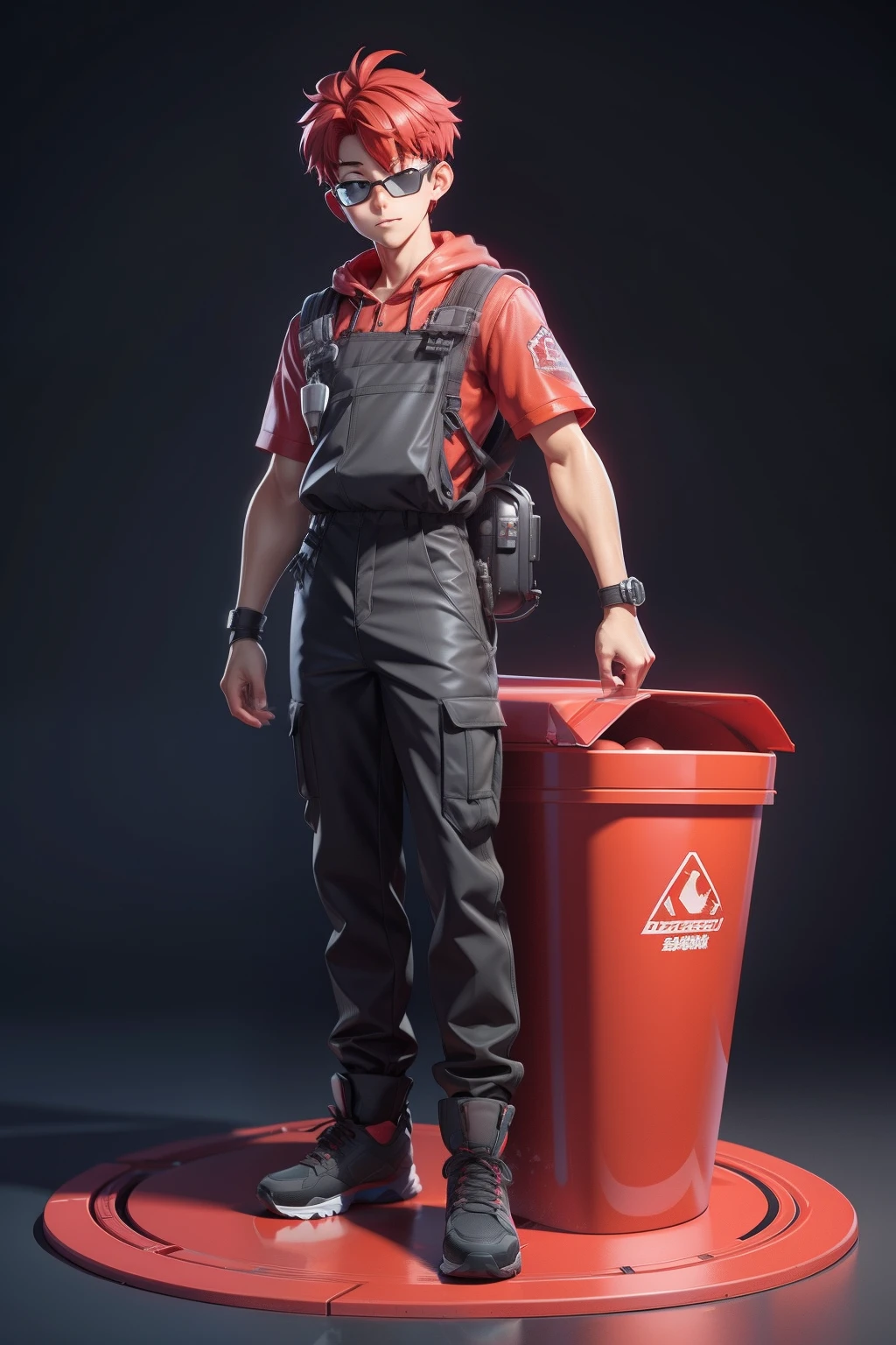 boy，Hazardous waste，Red hazardous trash can（Personification）（human figures）（boy）Q version of cartoon，Anime art concept art, （3D stereoscopic）（The color scheme is mainly the red of the hazardous trash can）Illustration style，Manhwa Style，Anime art concept art, Official illustration[Three-dimensional feeling][Lovely wind][Card ventilation][真实感]