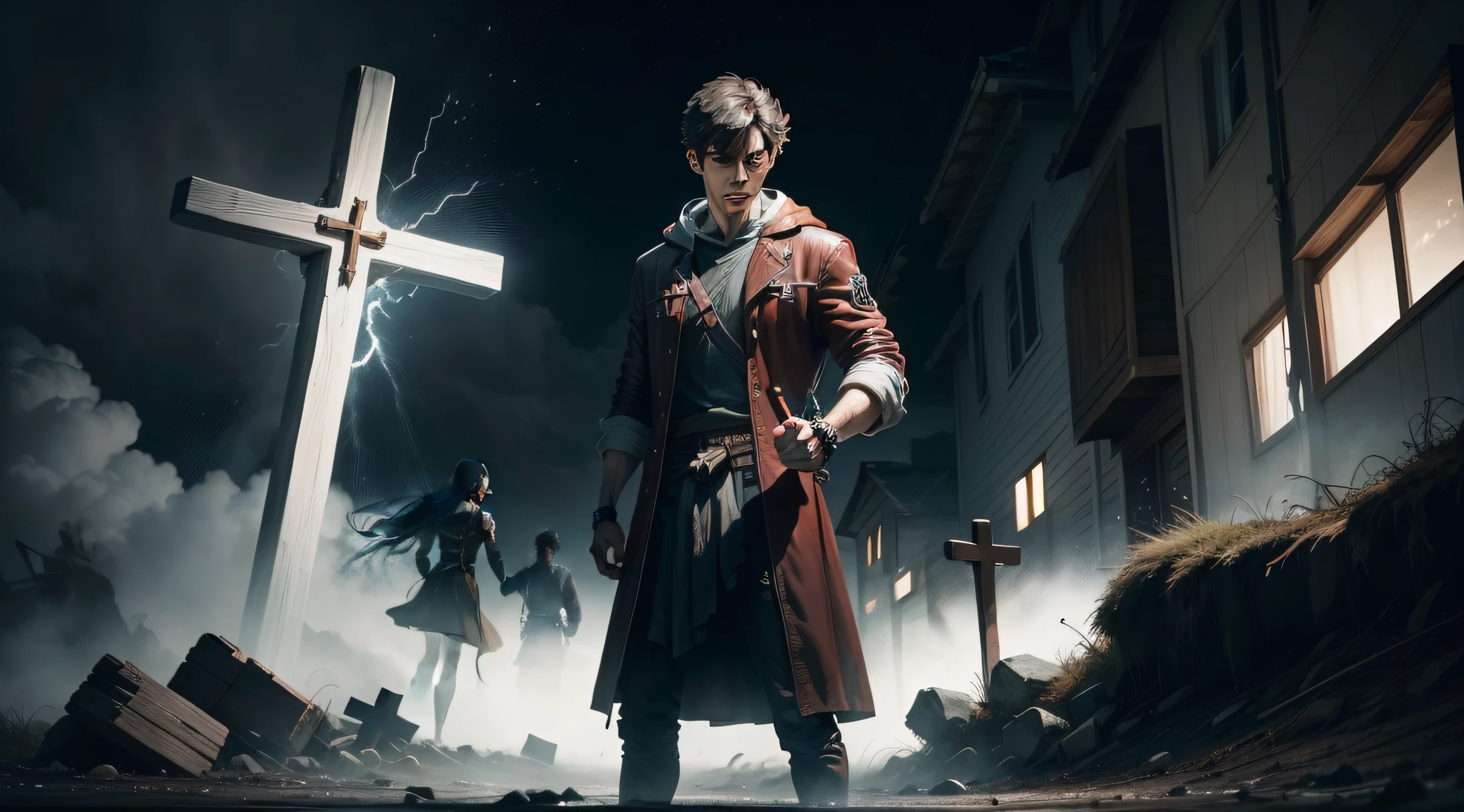 Generate an image of the protagonist gripping a wooden cross, his knuckles white, as he faces off against the swirling darkness and the possessed woman, capturing the tension and determination of the moment,4k